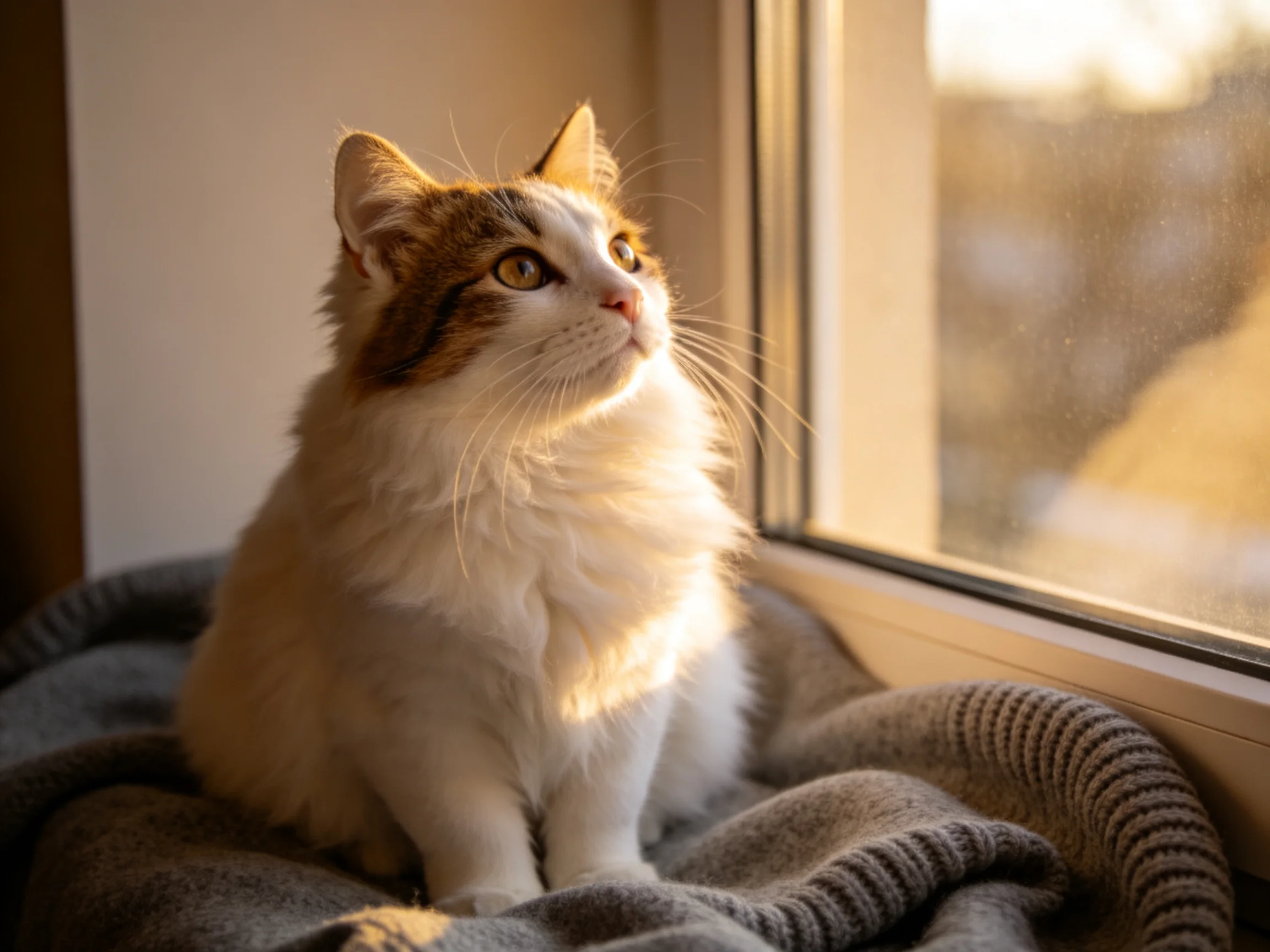 A fluffy white and brown cat rests on blankets beside a sunlit window.