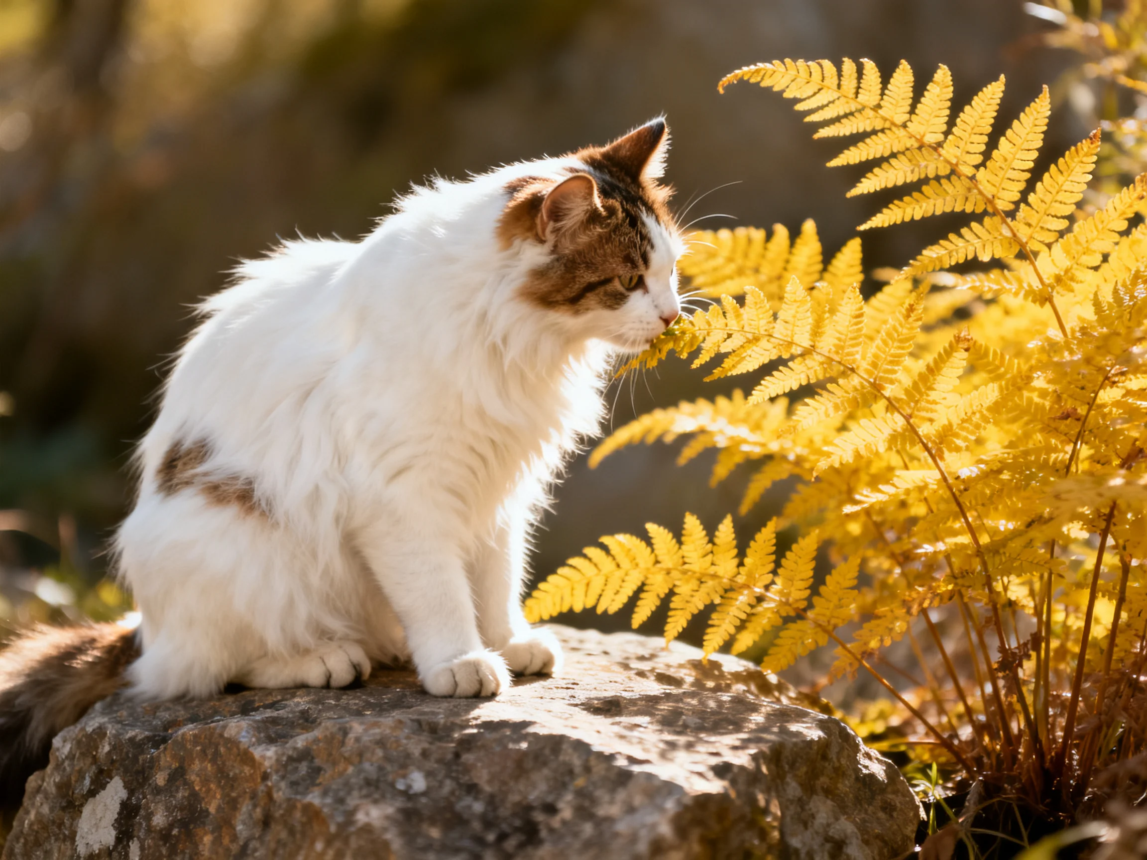 A cat sits near golden ferns on a rock in a sunlit outdoor setting.
