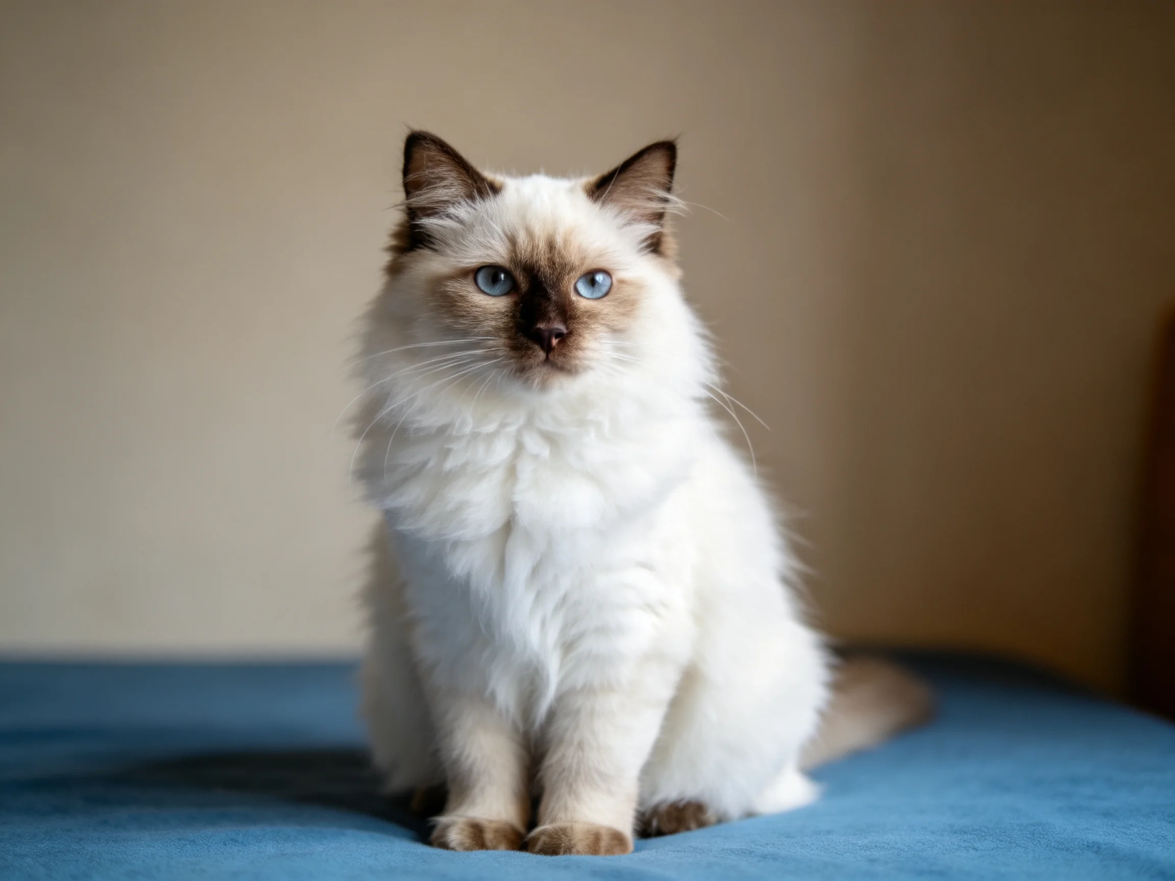 A fluffy cat with white and brown fur sits on a blue surface.