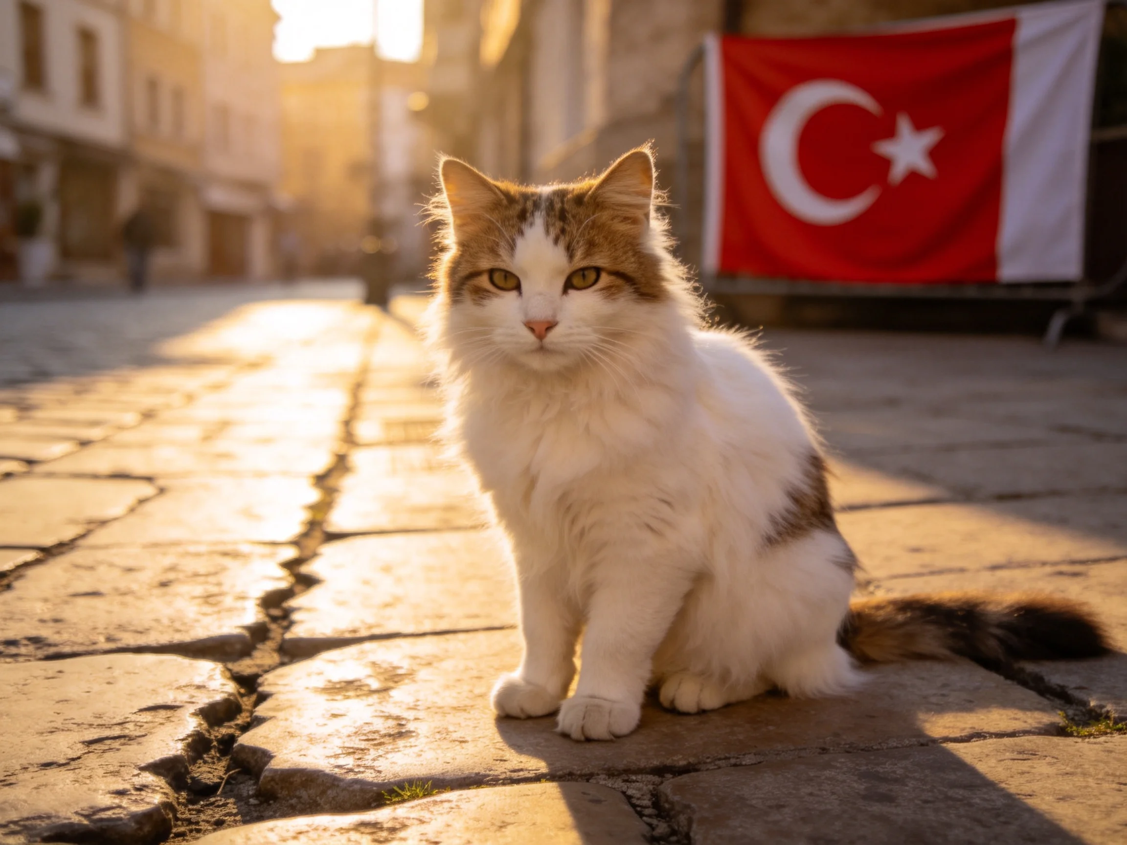 A cat sits on a cobblestone street beside a Turkish flag.