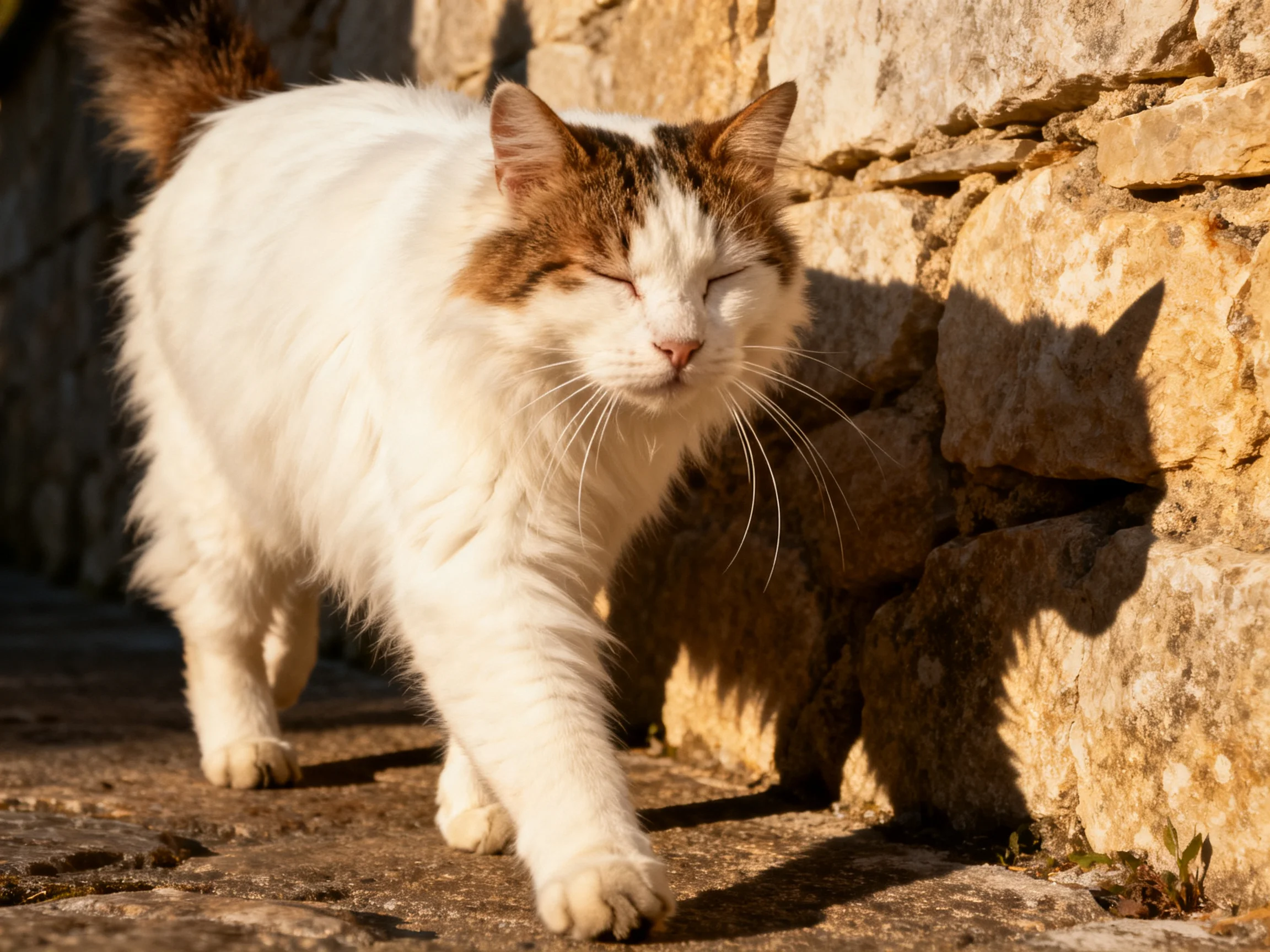 A fluffy white and brown cat walks beside an aged stone wall