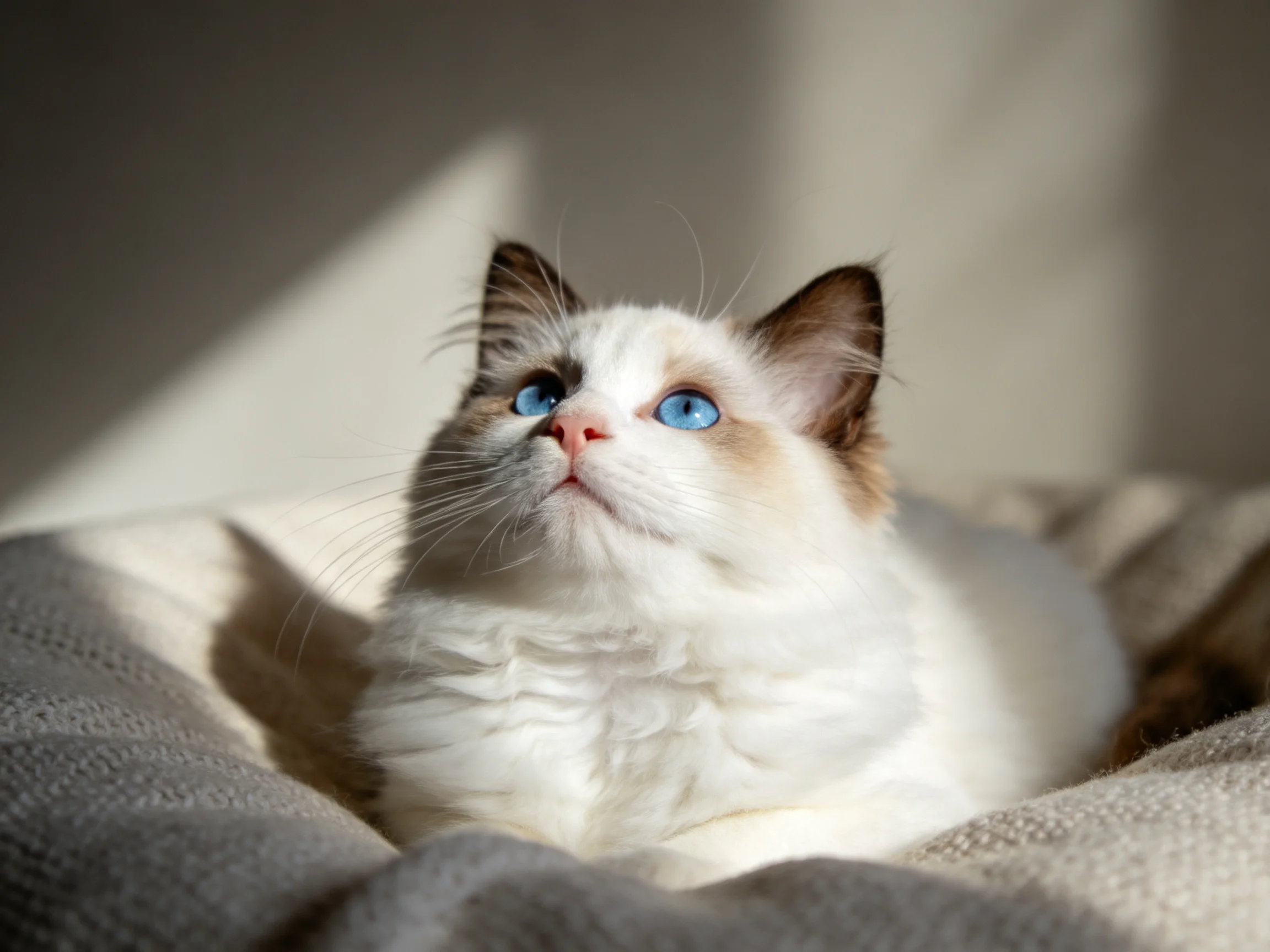 A white and brown cat with blue eyes relaxes on cozy blankets
