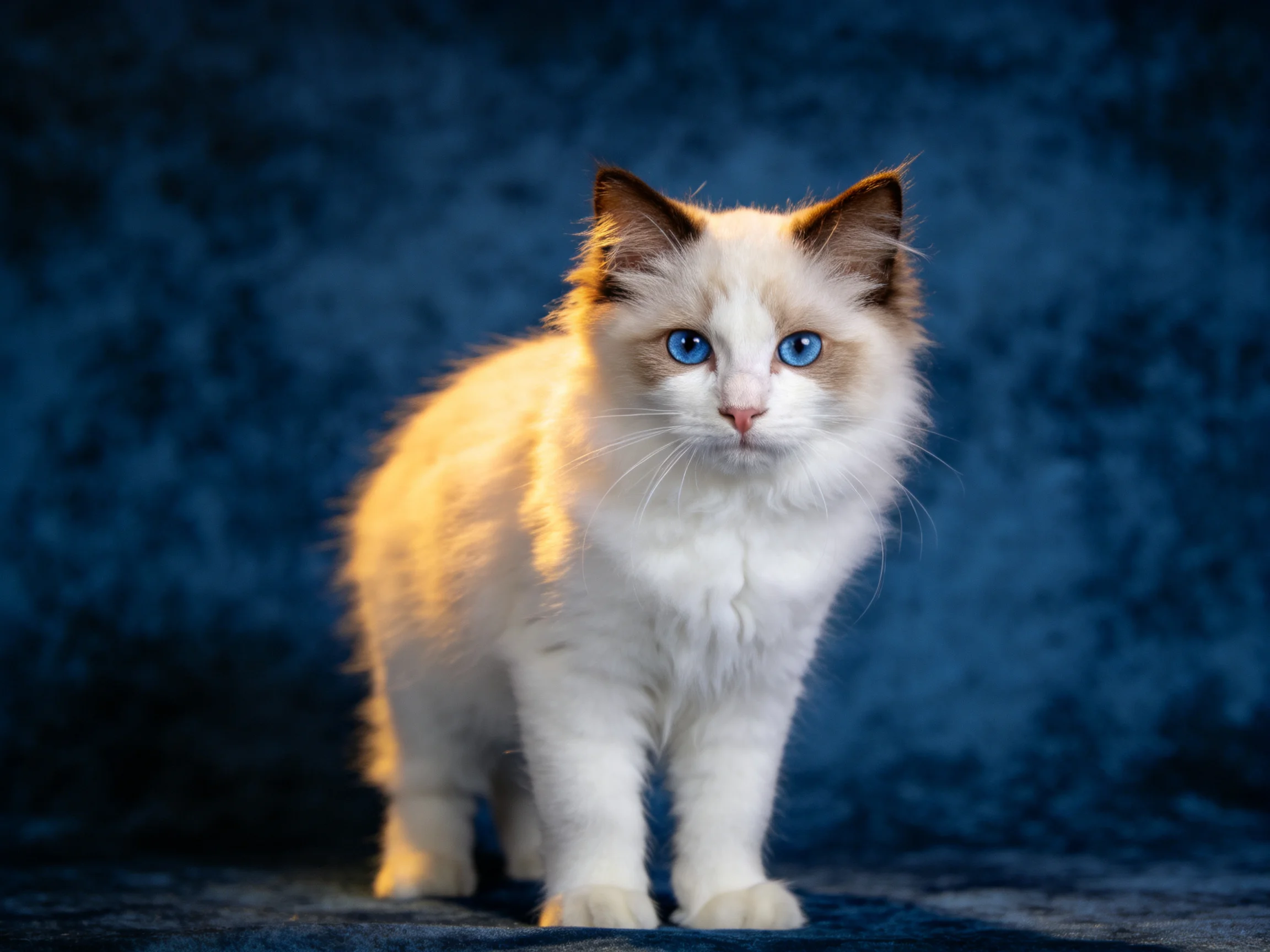 A fluffy white and brown kitten with bright blue eyes stands against a dark blue textured surface.