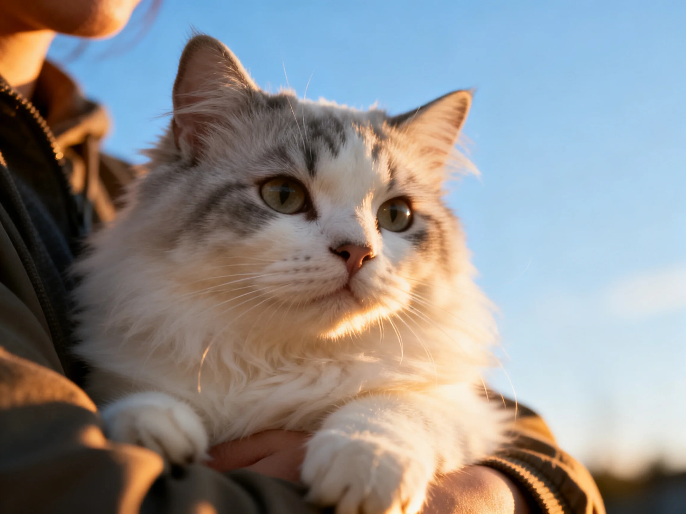 A fluffy white and gray cat held by a person under a clear blue sky