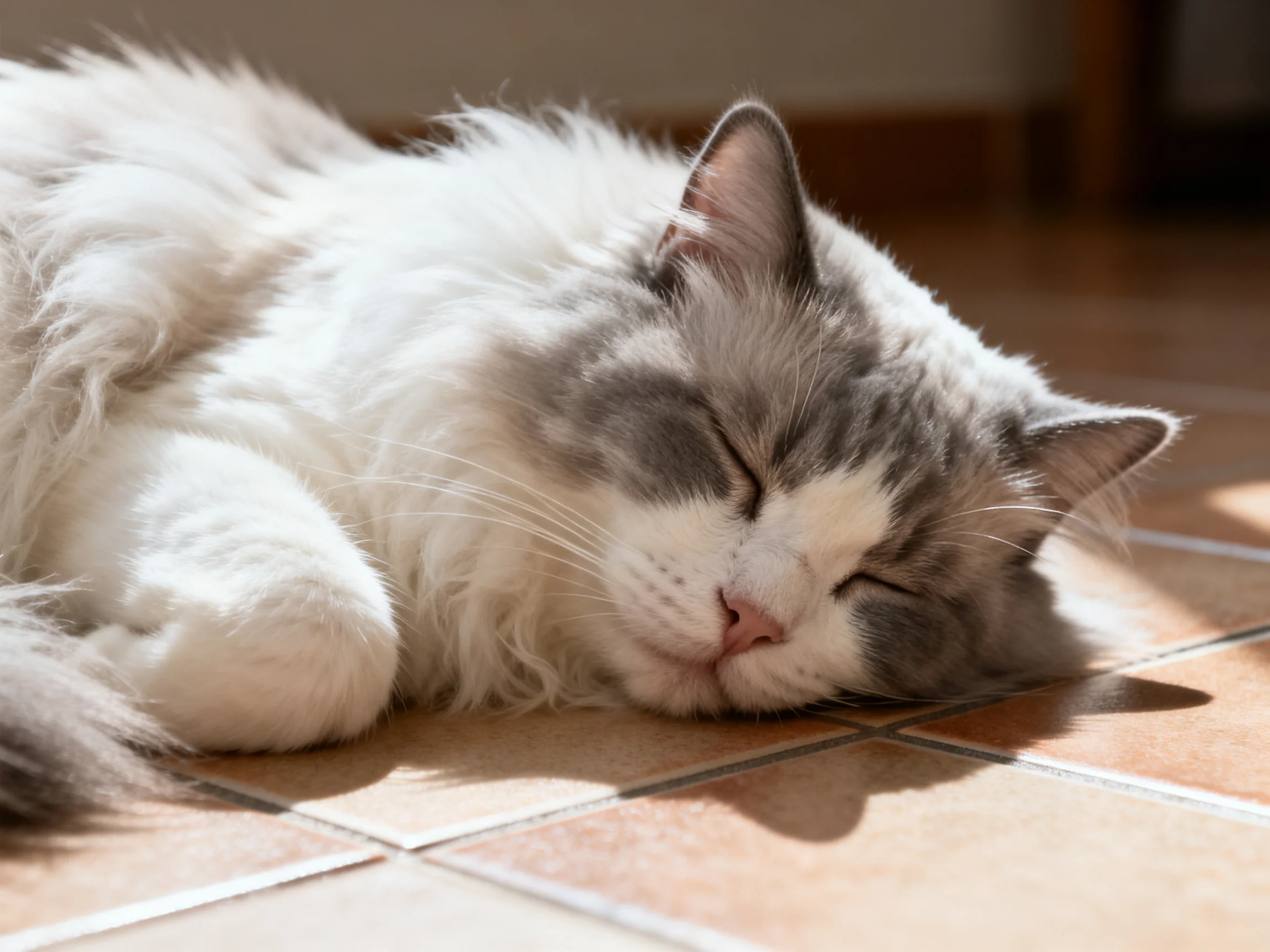 A fluffy white and gray cat sleeps peacefully on warm tile flooring in soft light.