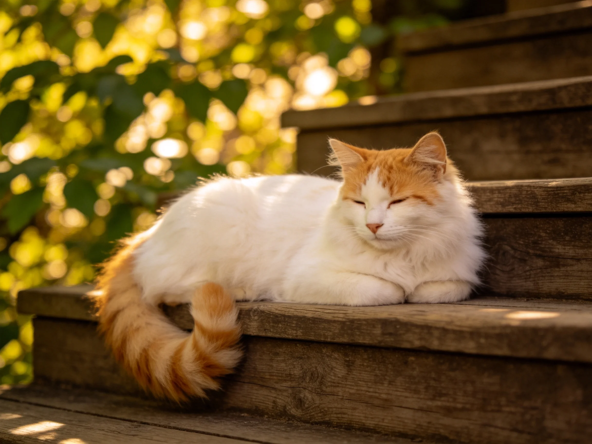 A white and orange cat relaxes on wooden steps in a sunlit outdoor setting.
