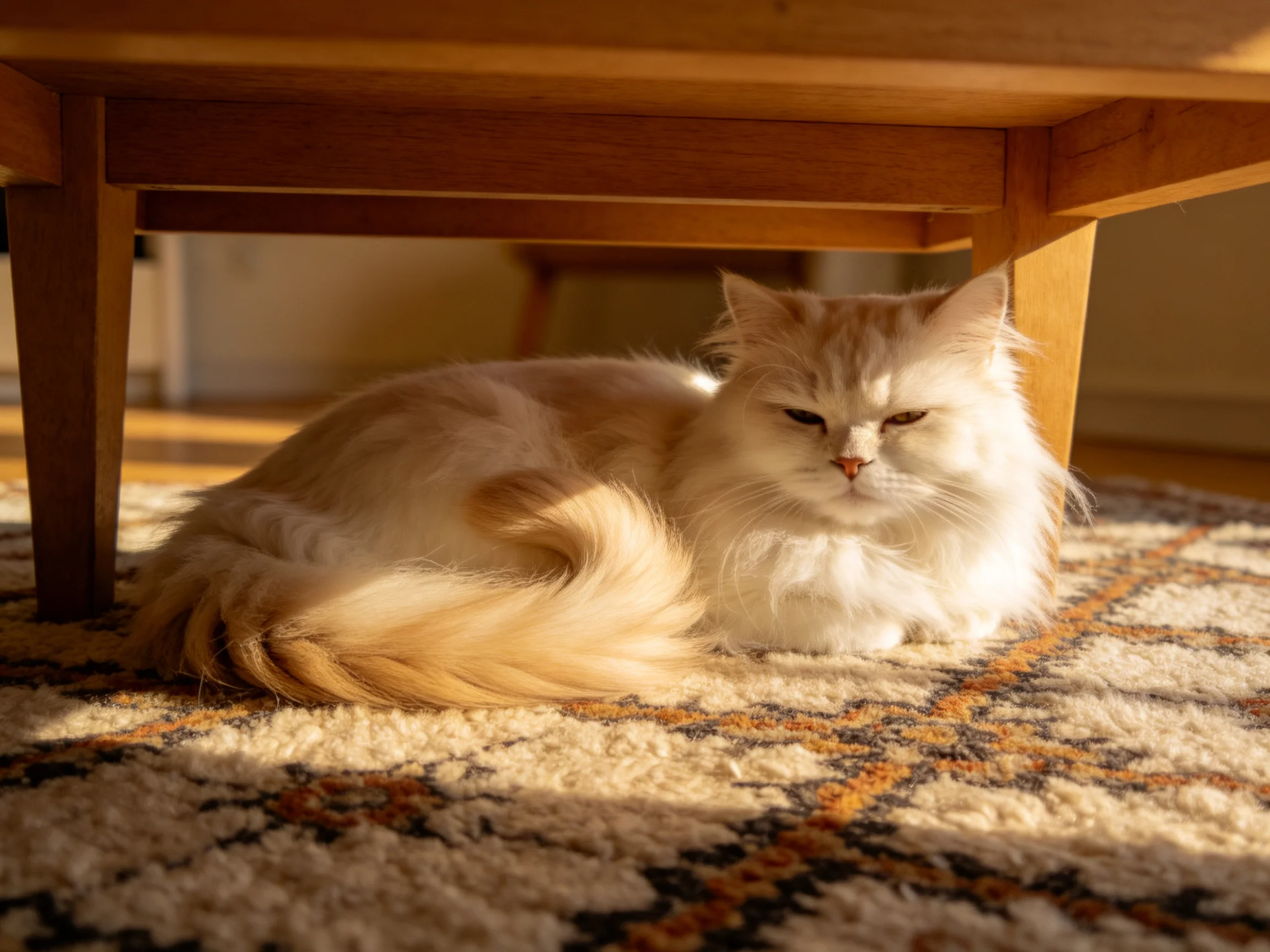 A cat rests under a wooden table on a patterned rug