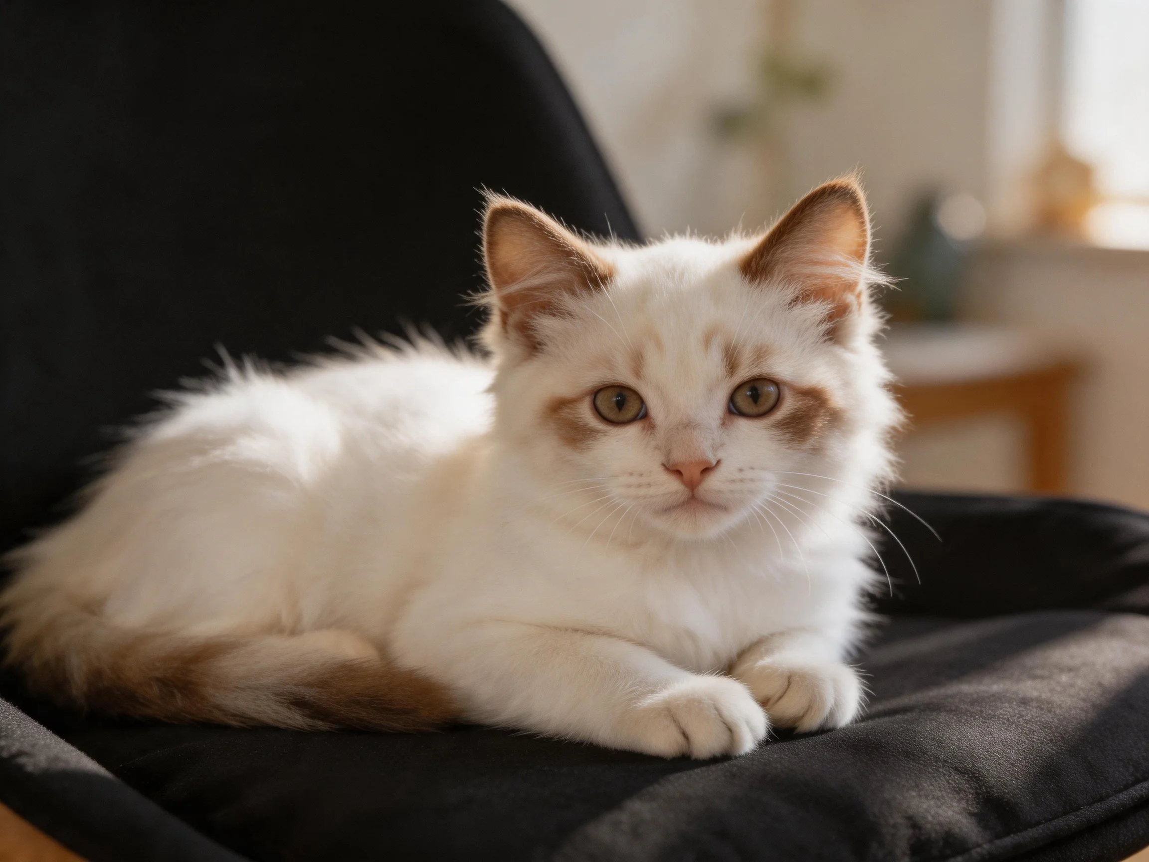 A fluffy white and tan kitten relaxes on a dark chair in a softly lit room.