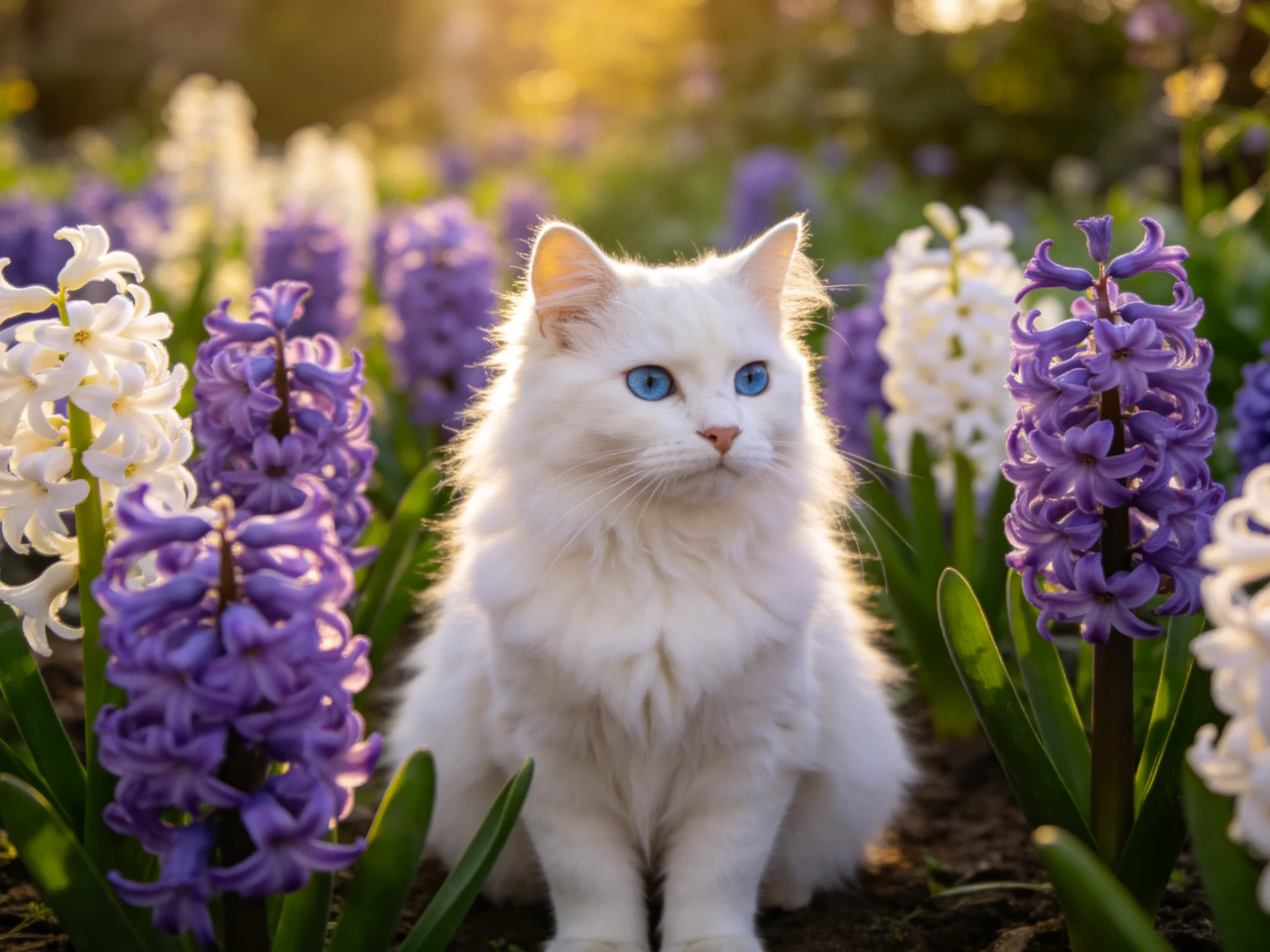 A white cat sits among colorful hyacinth flowers in a sunlit outdoor space.