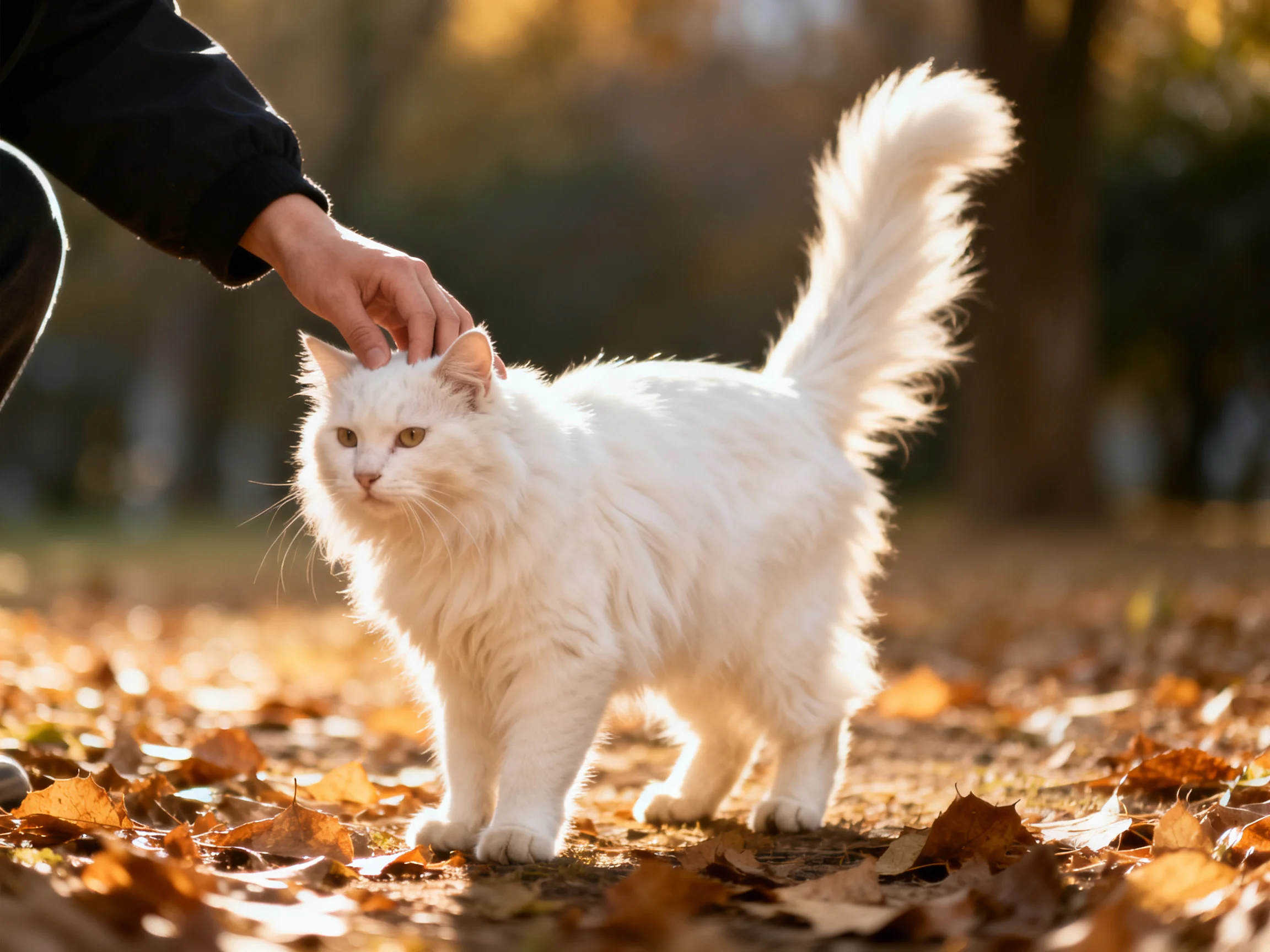 A white cat stands among fallen leaves as a hand pets its head outdoors.