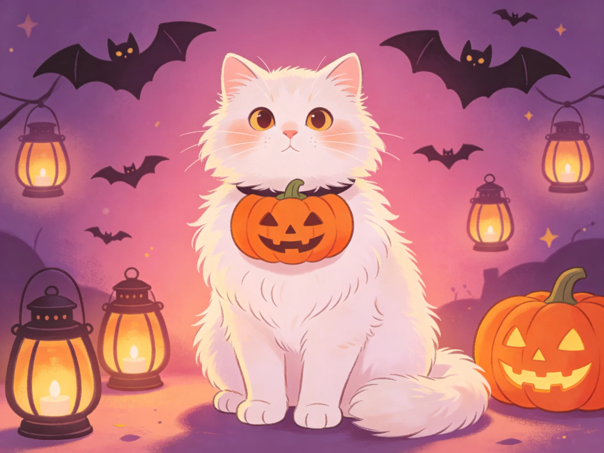 A white cat with a jack-o-lantern collar sits among lit lanterns and bats for Halloween.