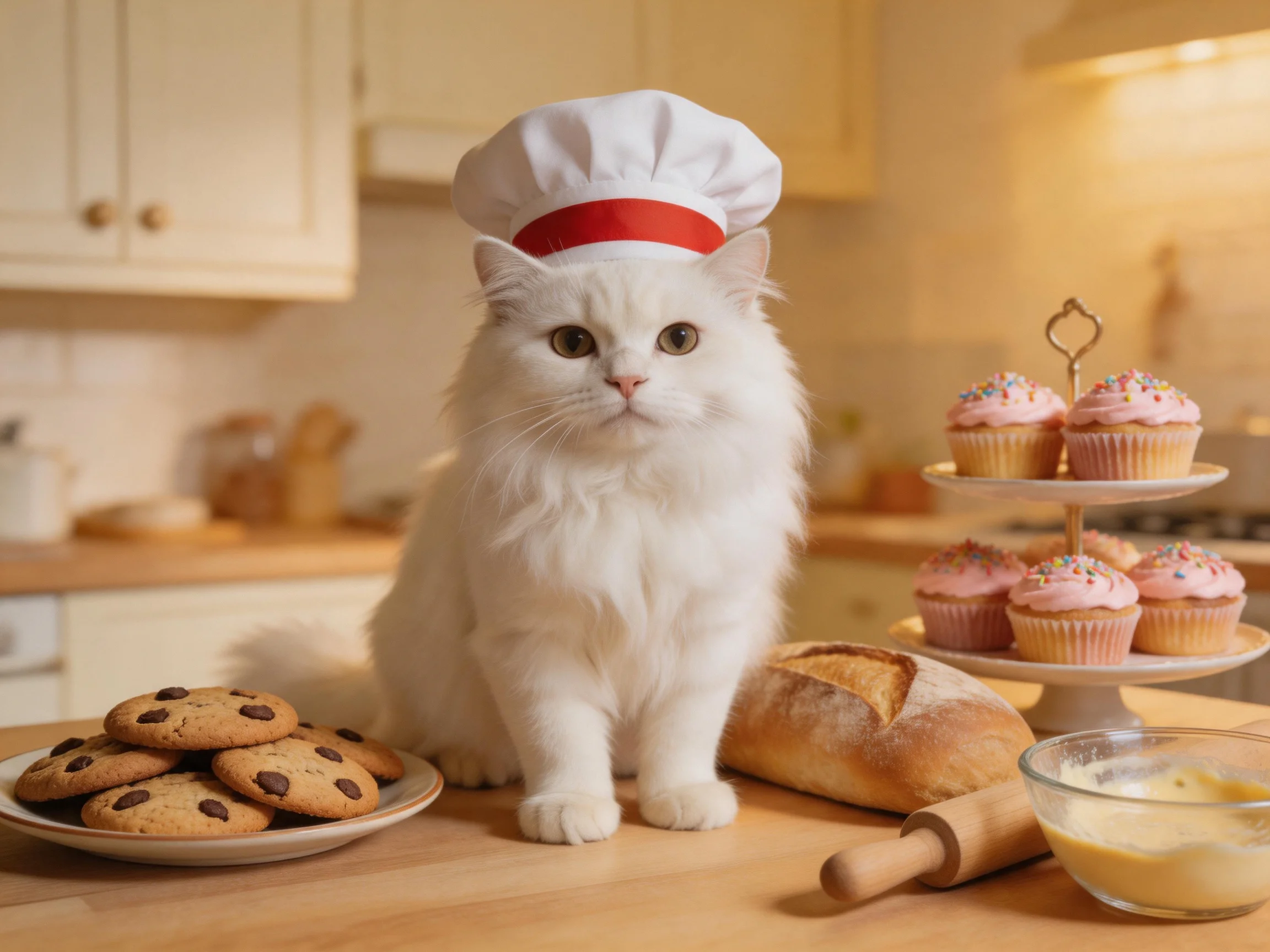 A fluffy white cat in a chef hat among assorted baked goods in a cozy kitchen