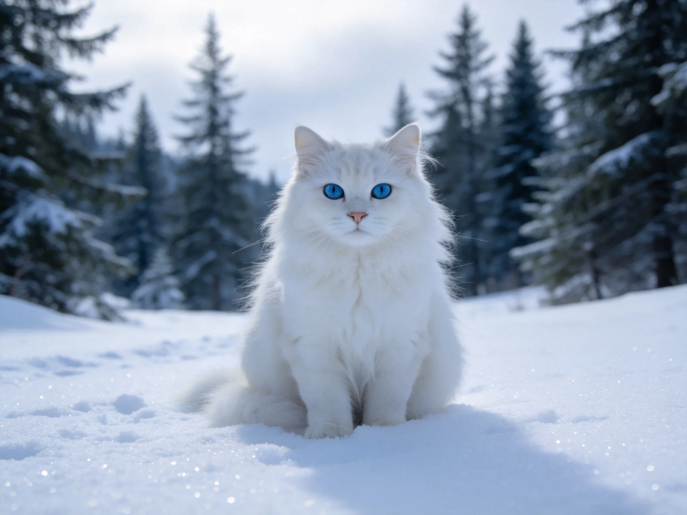A white cat sits in a snowy forest near evergreen trees