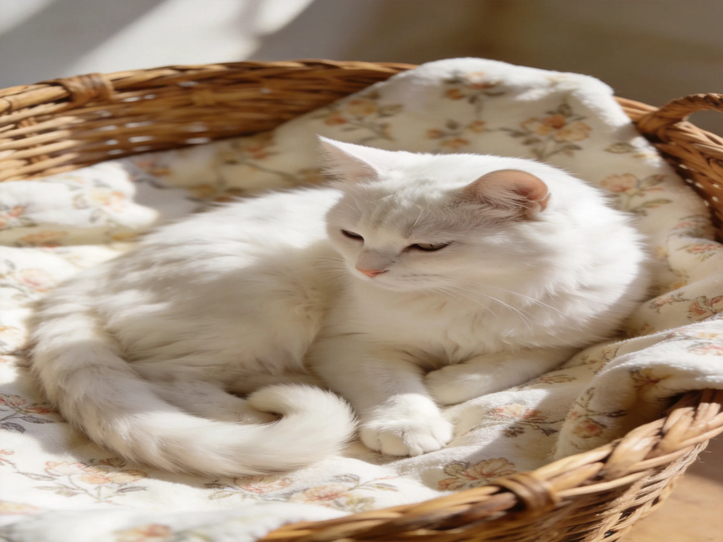 A fluffy white cat lounges in a wicker basket with floral lining