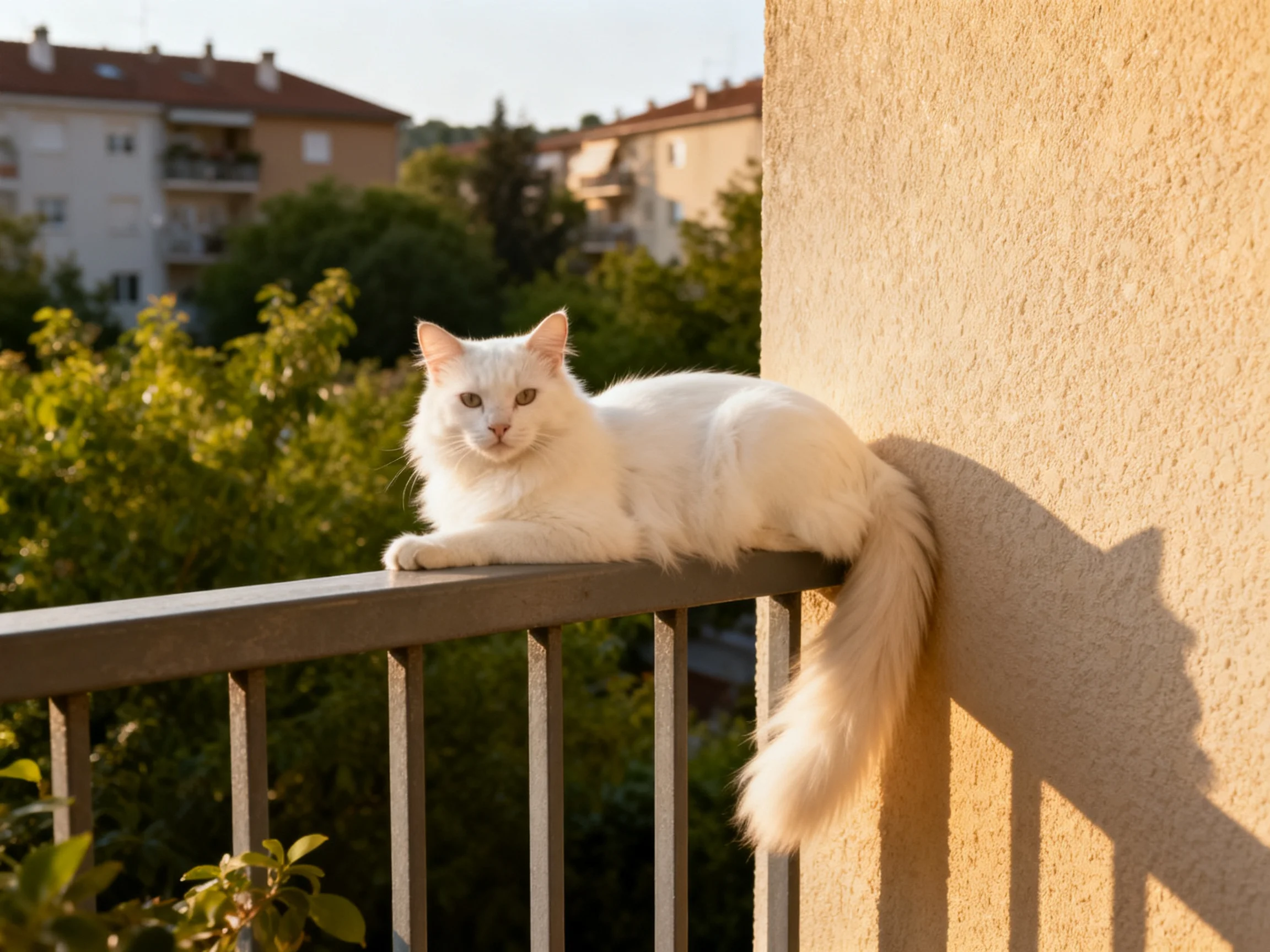 A white cat relaxes on a balcony railing in a sunny residential area.
