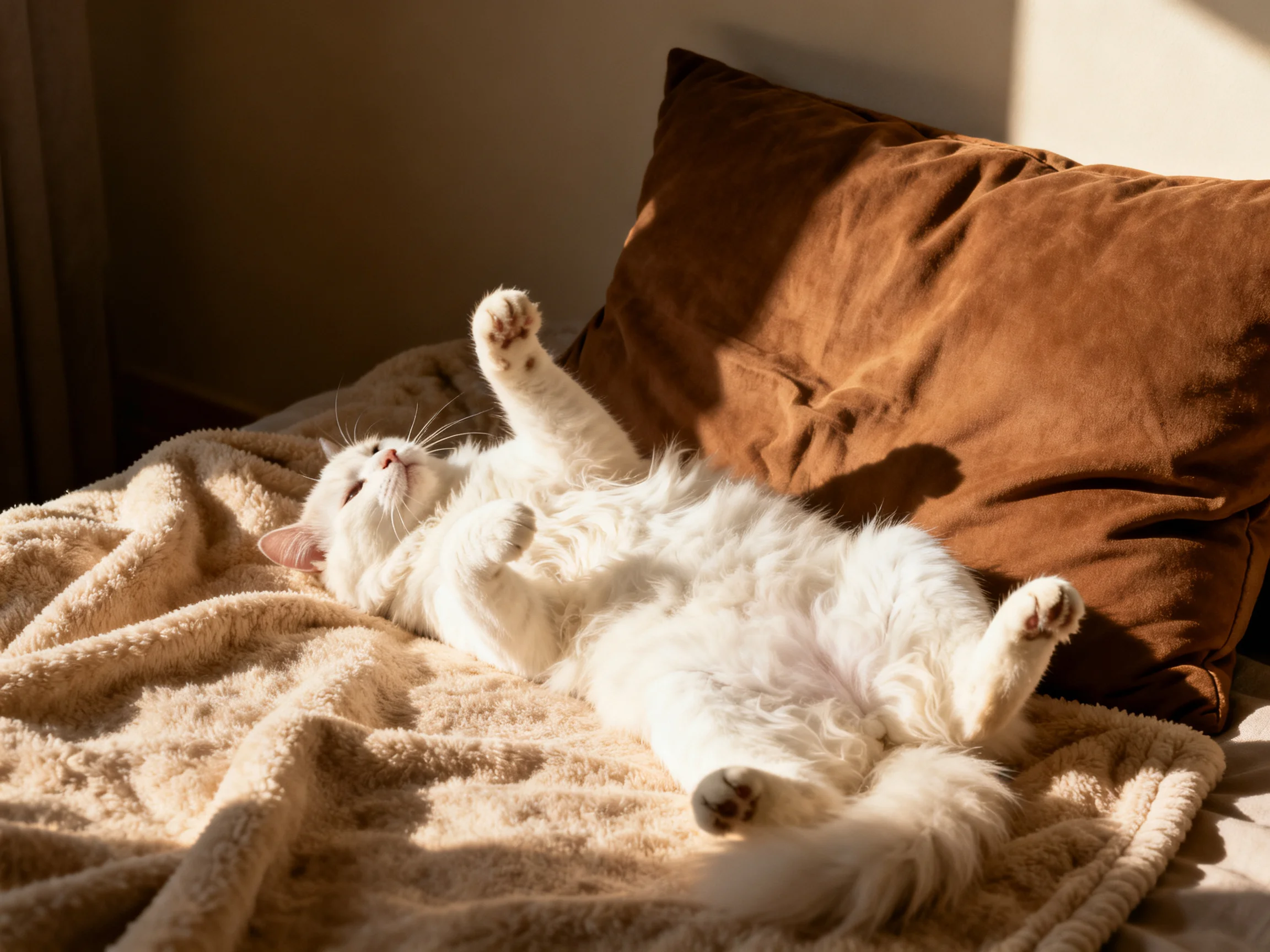 A fluffy white cat lounges on a soft beige blanket near a brown pillow