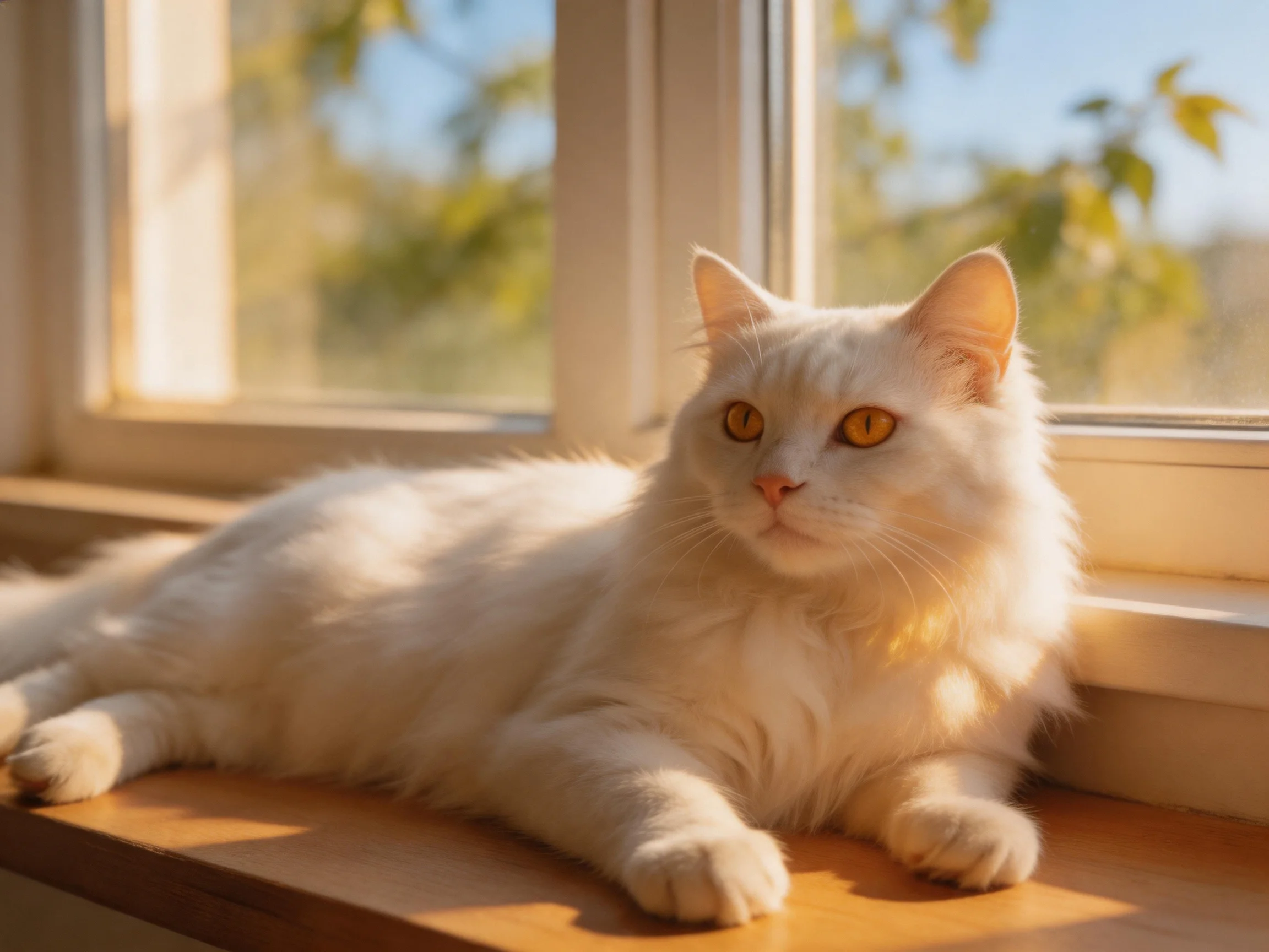 A fluffy white cat relaxes on a sunlit windowsill near an open window.