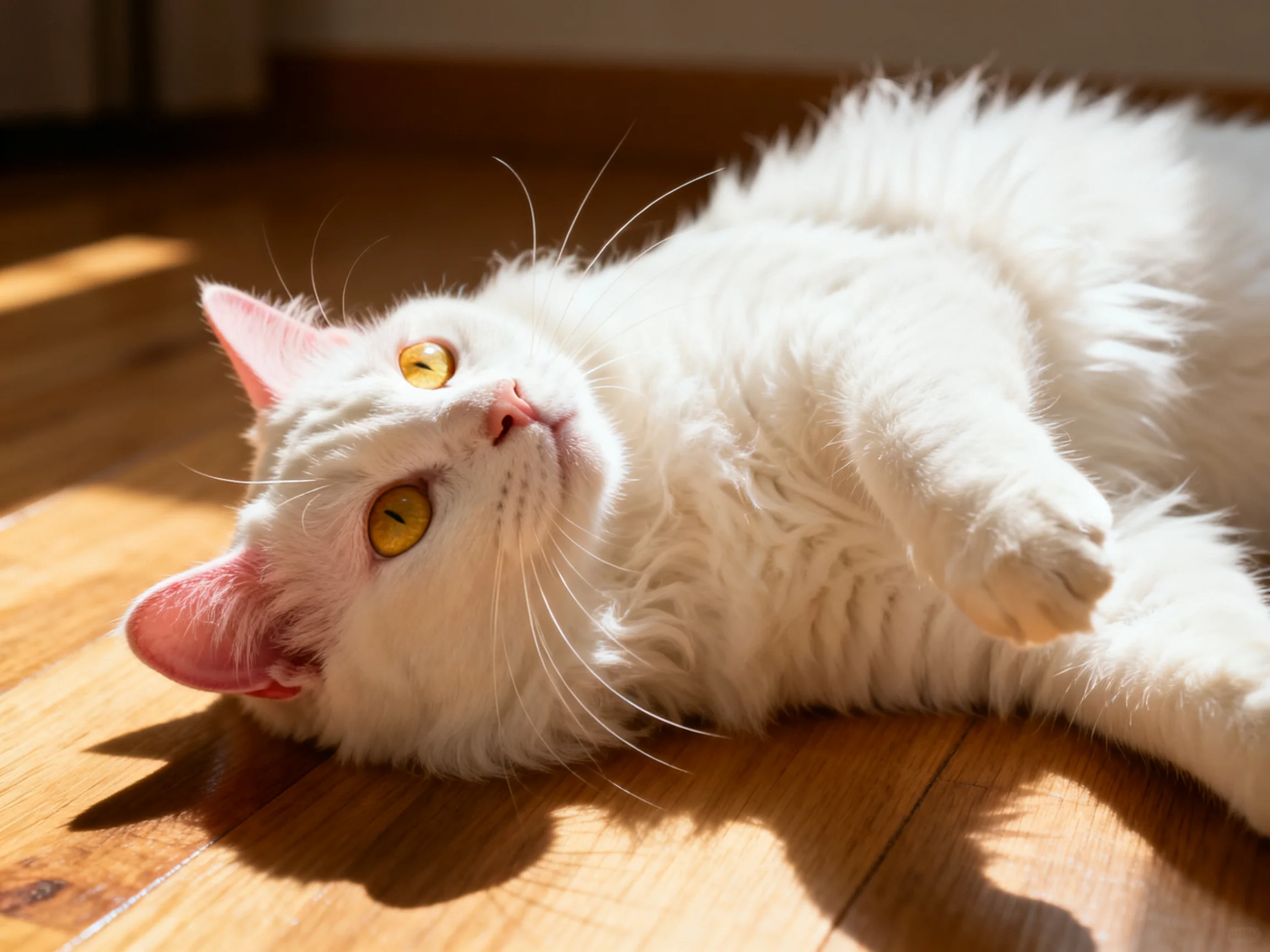 A fluffy white cat lounging on a wooden floor in sunlight