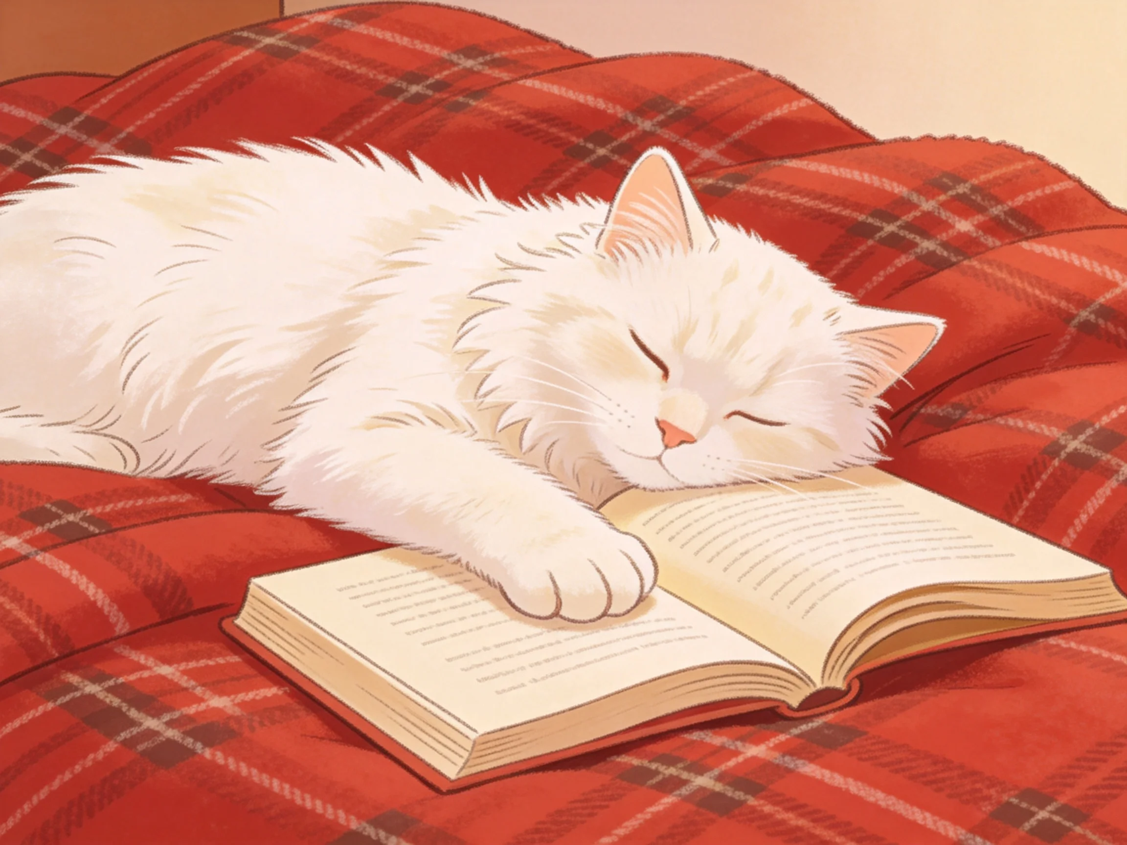 A fluffy white cat napping on an open book atop a red plaid cushion