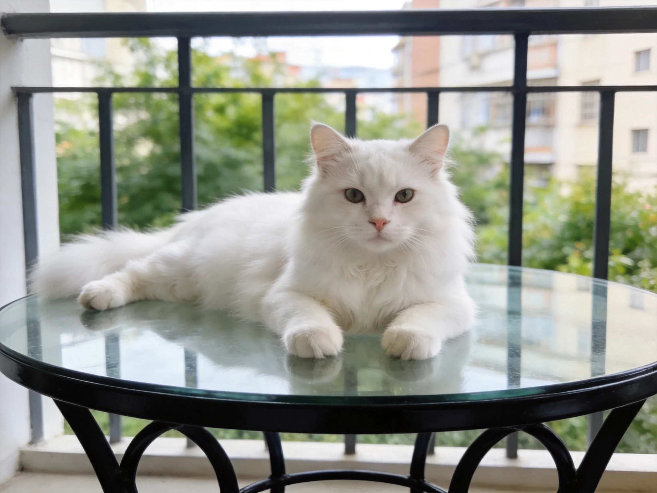 A fluffy white cat relaxes on a glass table by a city balcony