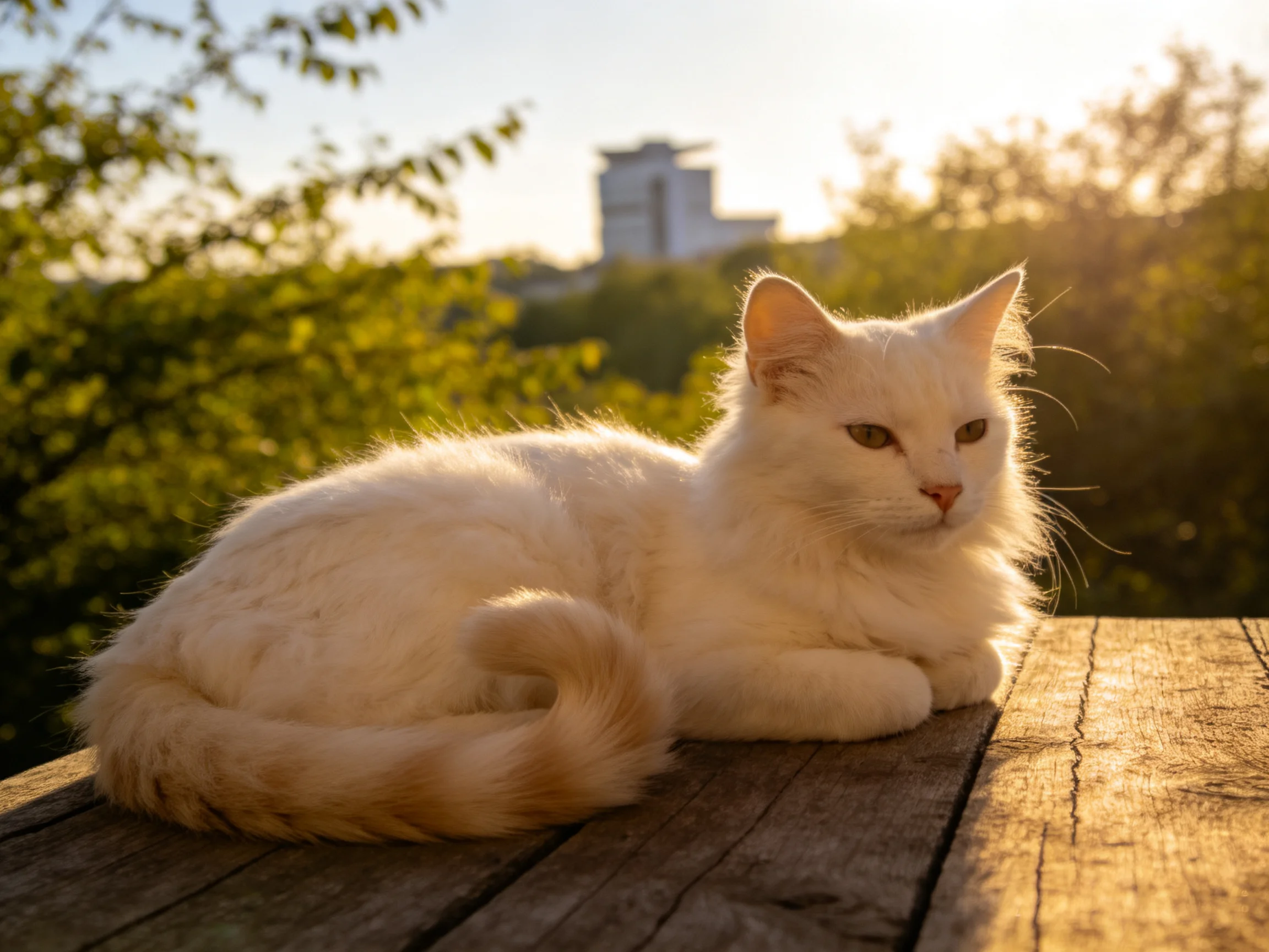 A fluffy white cat resting on a weathered wooden table in golden sunlight
