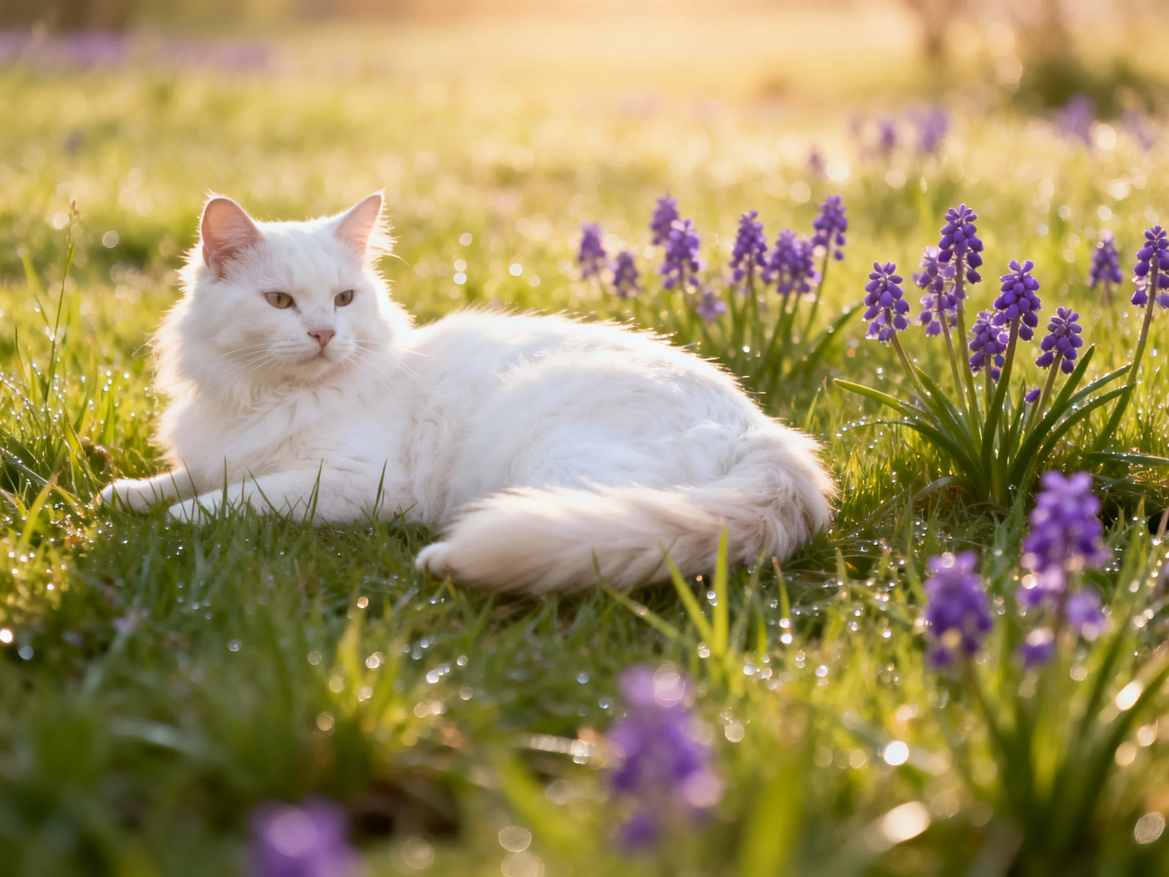 A white cat rests among purple flowers in a sunlit grassy area.