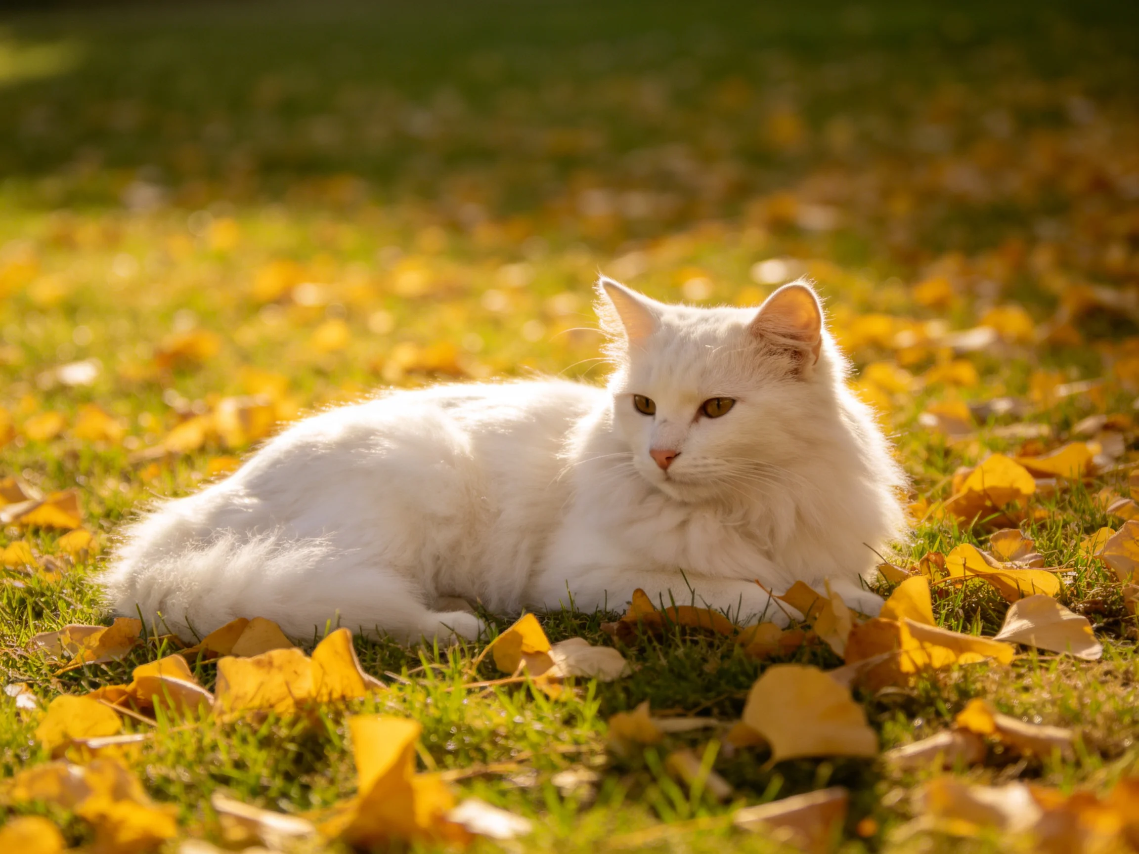A white cat relaxes amid scattered autumn leaves on a grassy field.