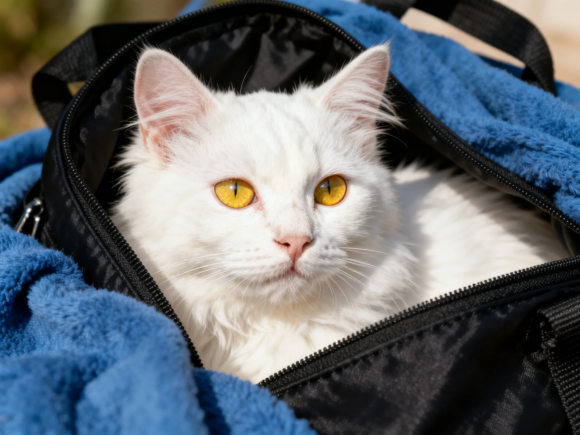 A fluffy white cat rests inside a black bag with a blue towel