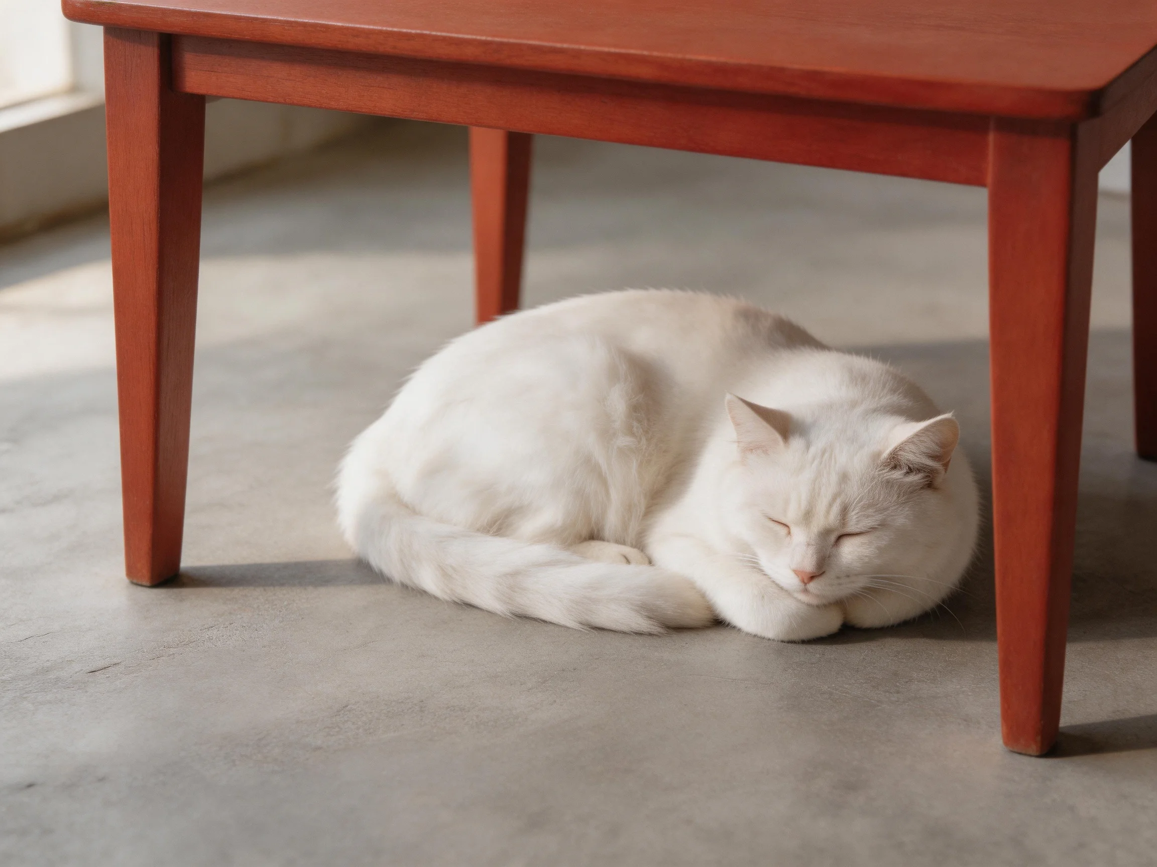 A white cat curls up under a wooden table for rest
