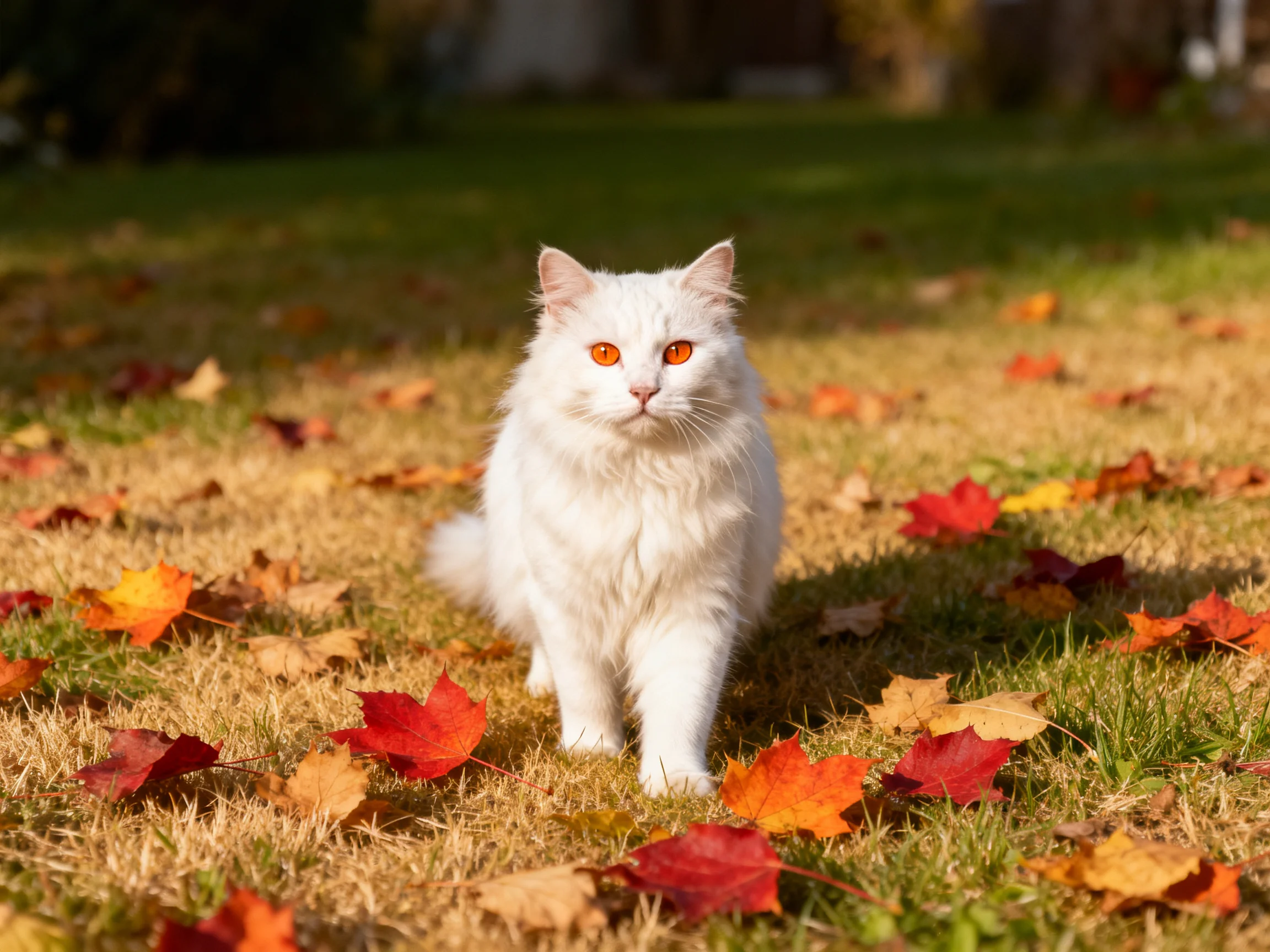 A white cat moves among autumn leaves on a grassy area.