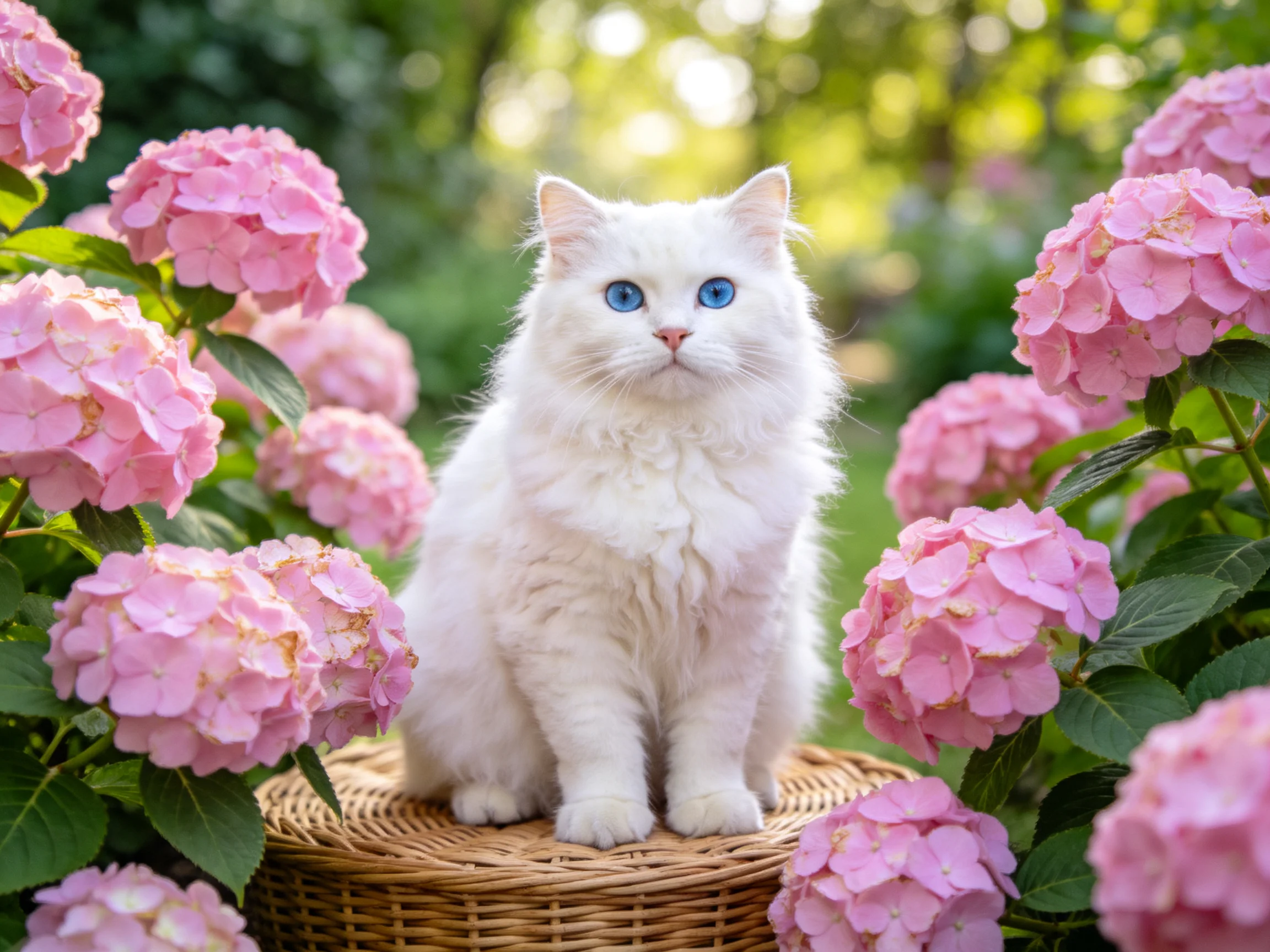 A white cat sits on a wicker basket surrounded by pink flowers in a garden.