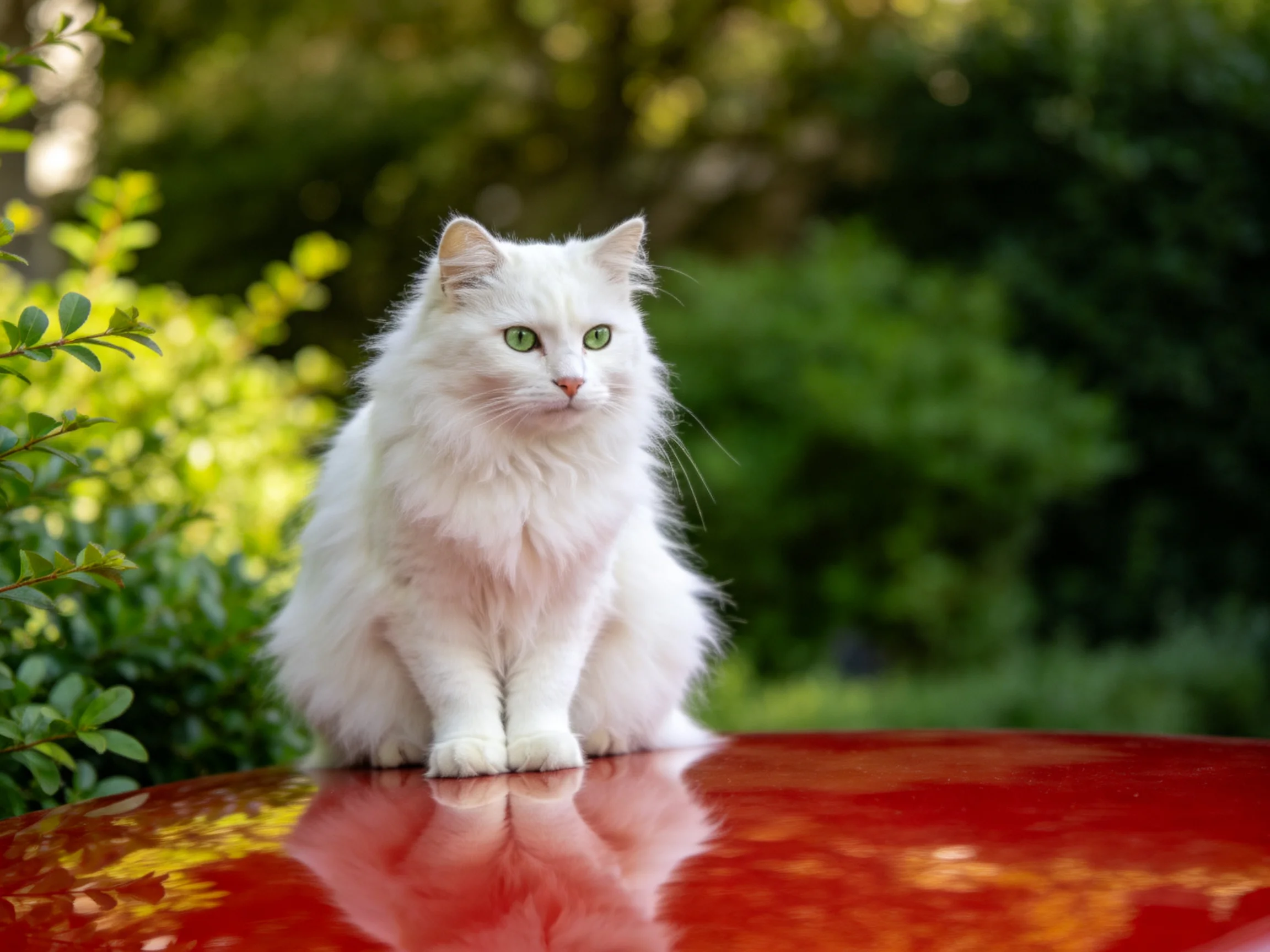 A fluffy white cat sits atop a glossy red surface amid lush green foliage