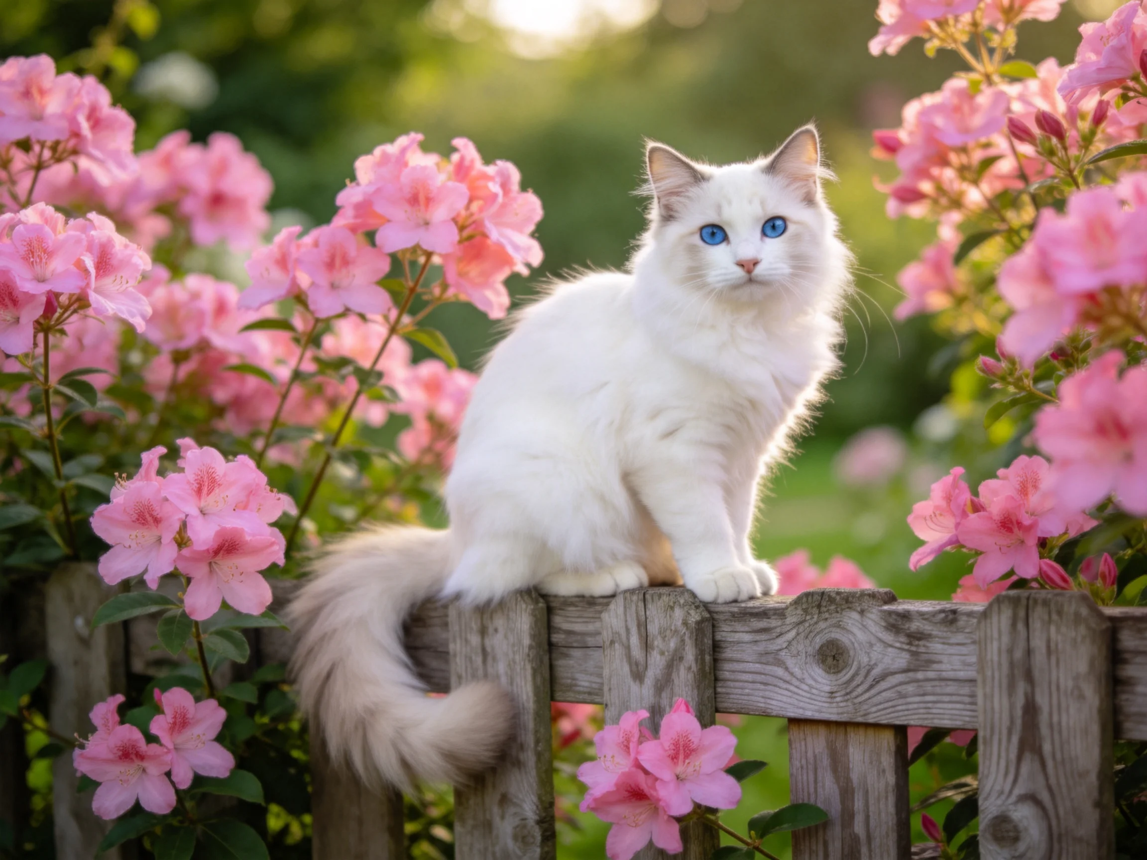 A fluffy white cat sits atop a weathered wooden fence amid vibrant pink blooms