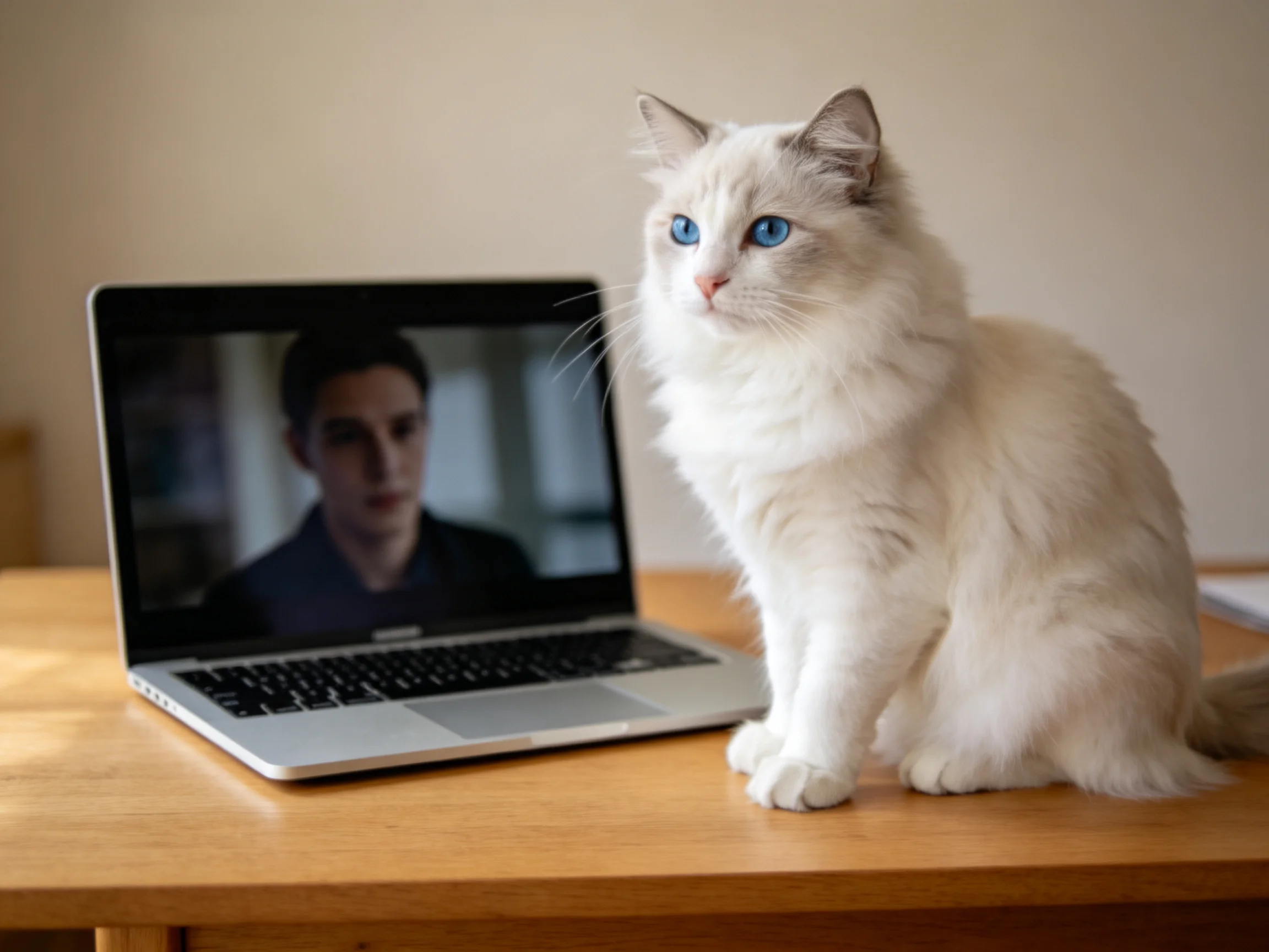 A fluffy white cat sits next to a laptop with a screen showing a person on a wooden table