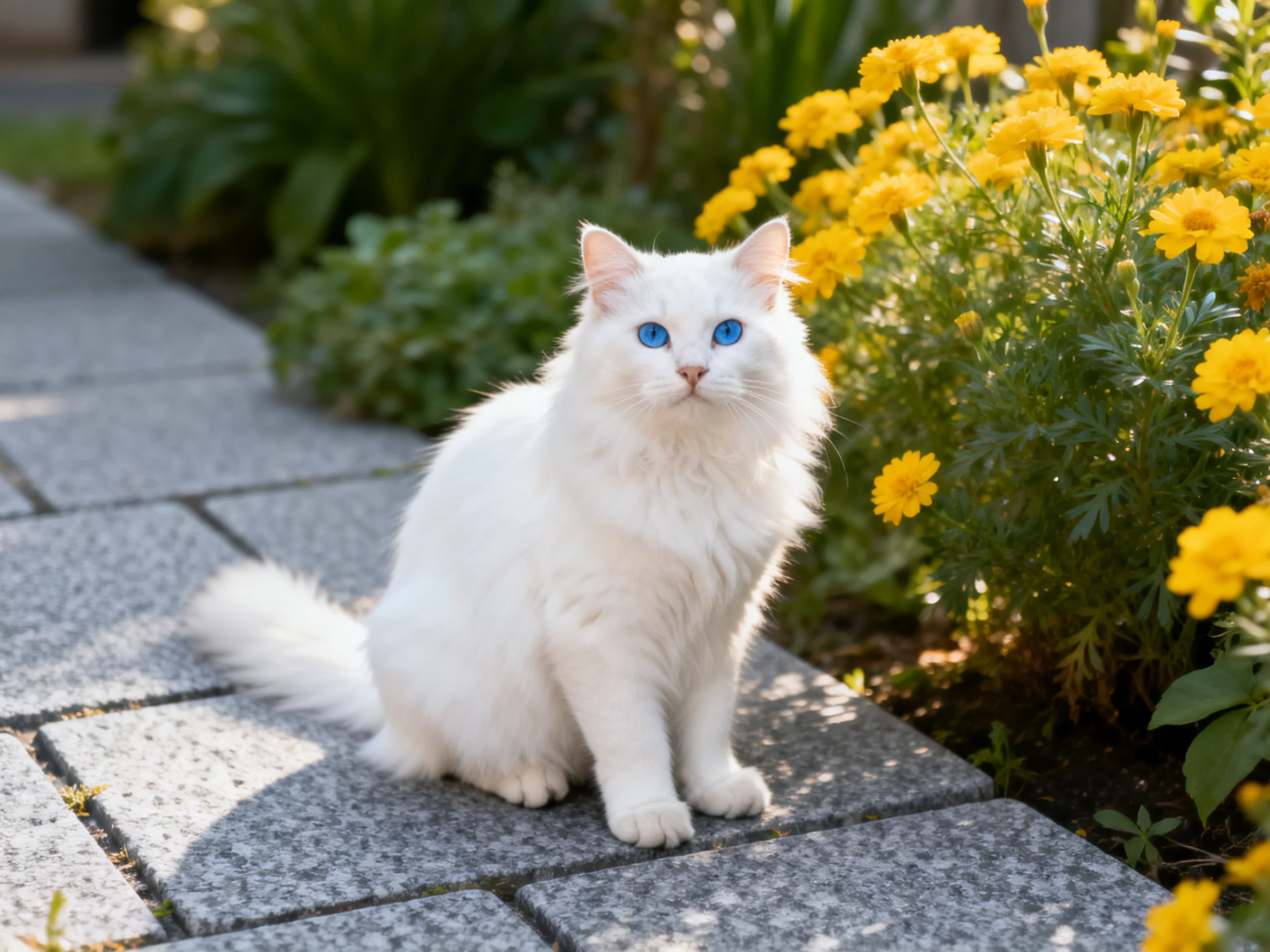 A fluffy white cat sits beside vibrant yellow flowers on a stone pathway