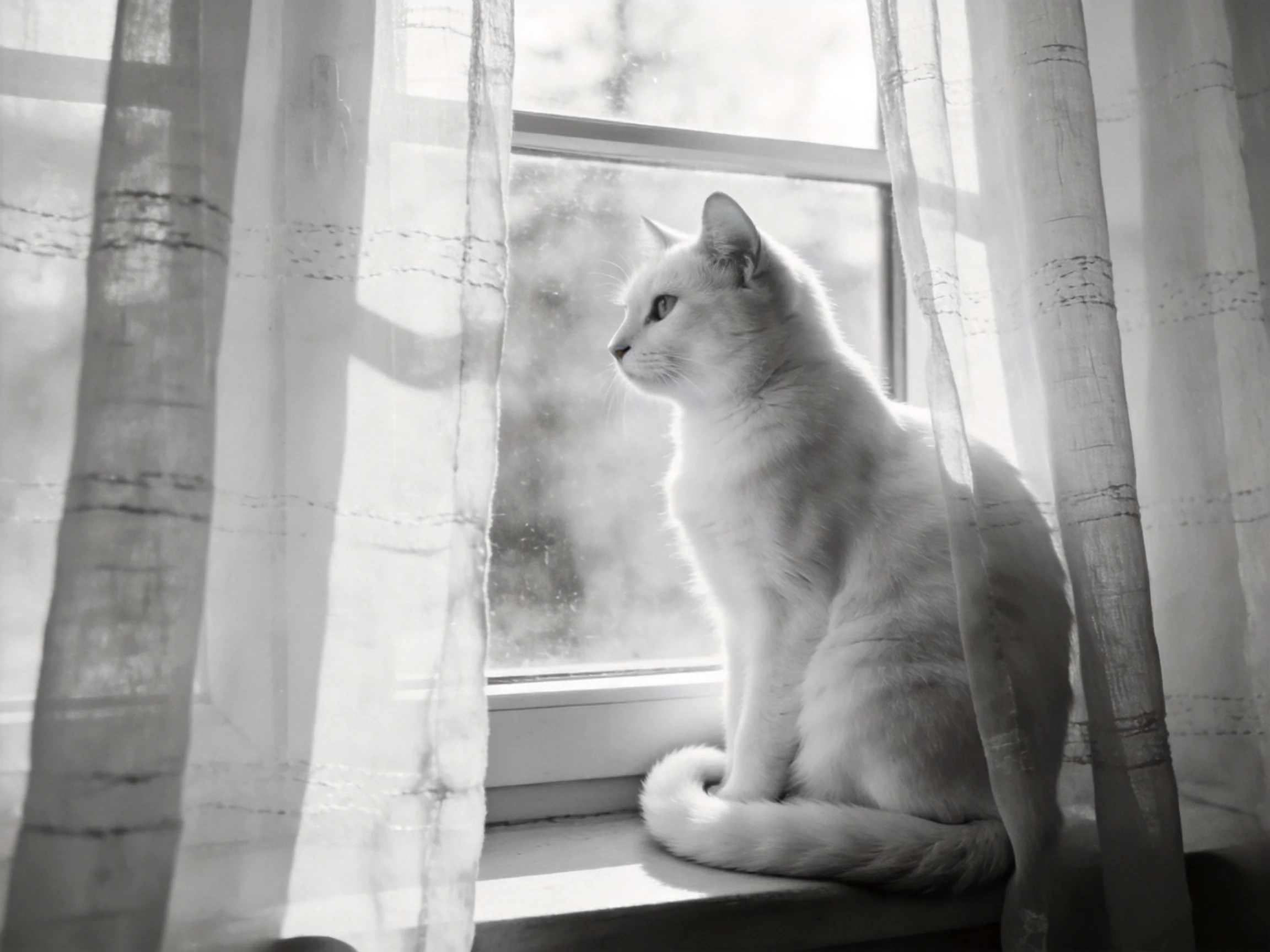 A fluffy white cat sits by a window with sheer curtains