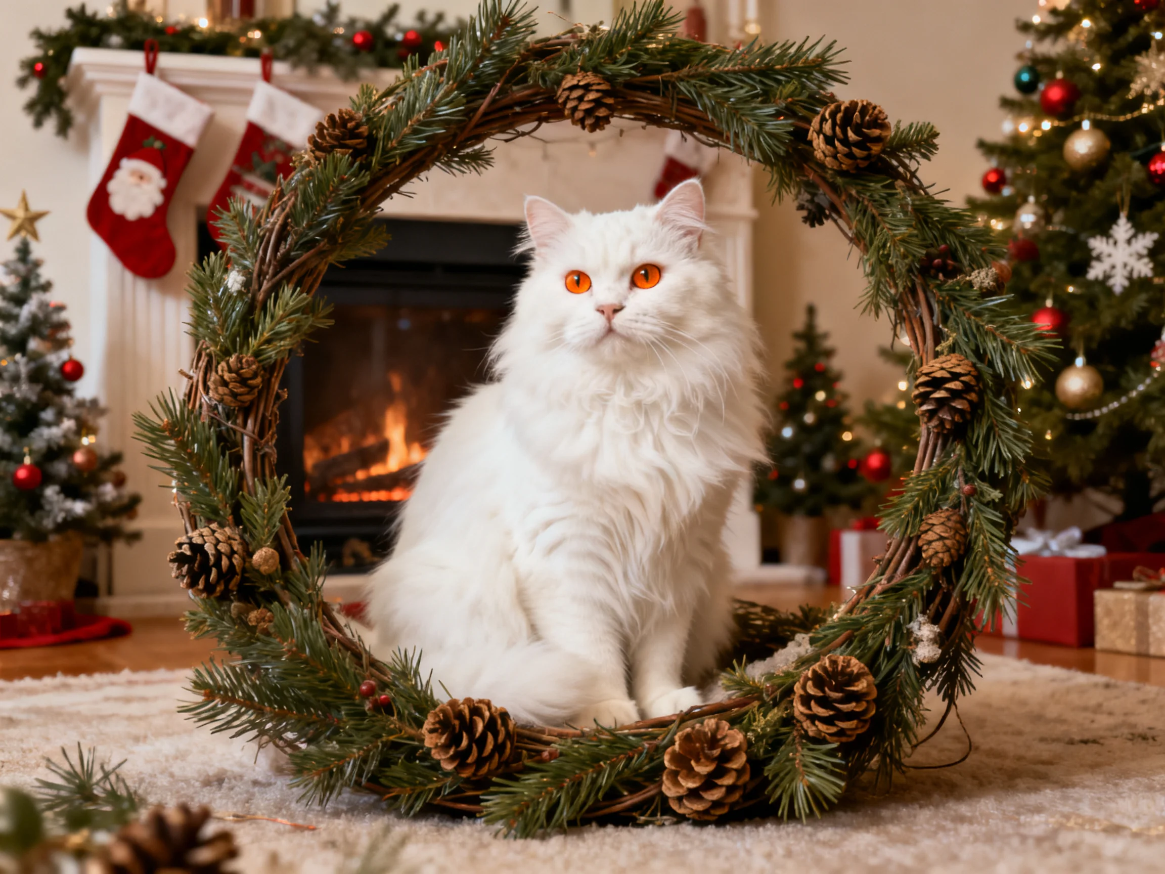 A fluffy white cat sits inside a pine wreath near a lit fireplace