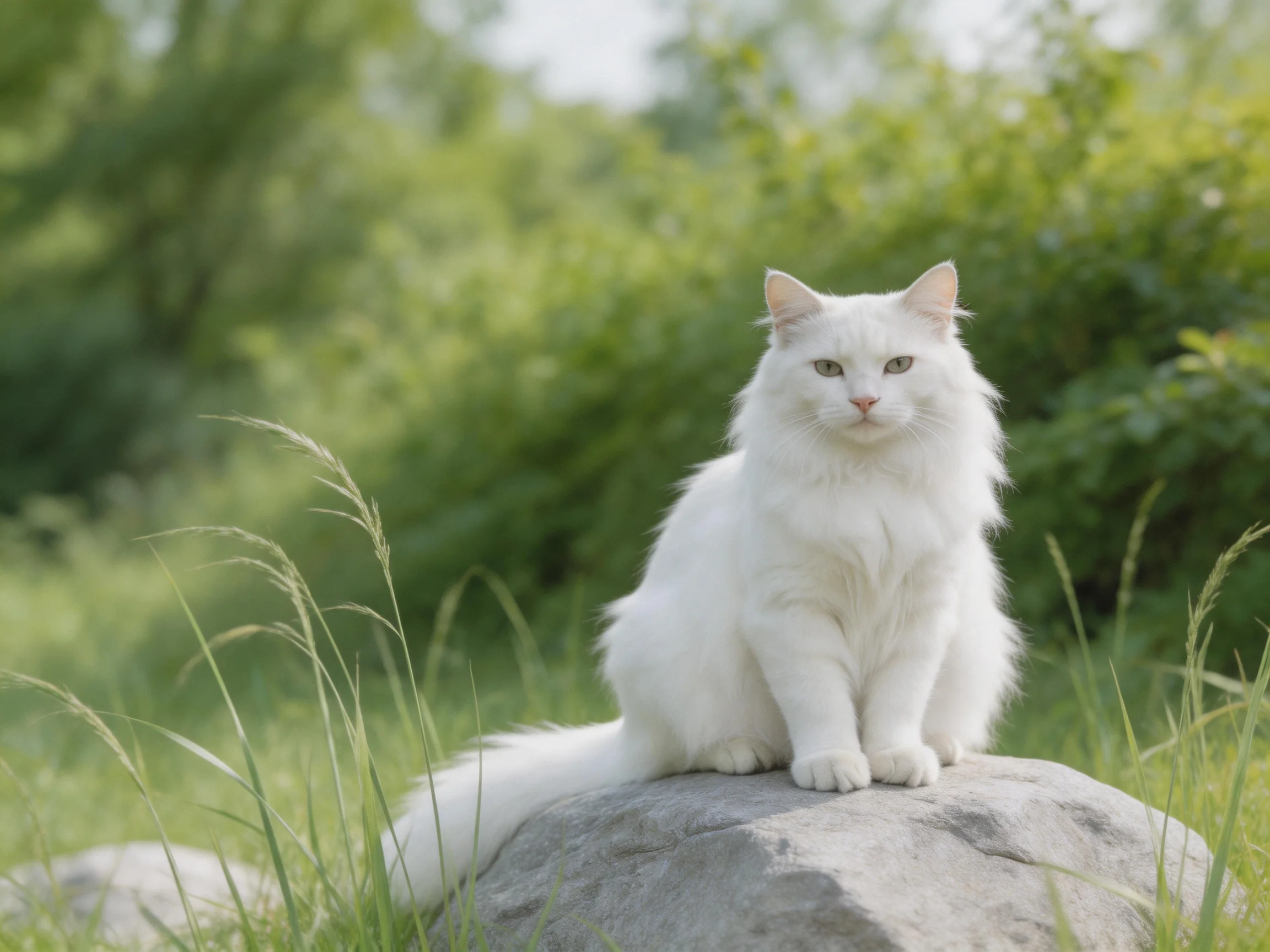 A white cat sits on a rock amid green vegetation
