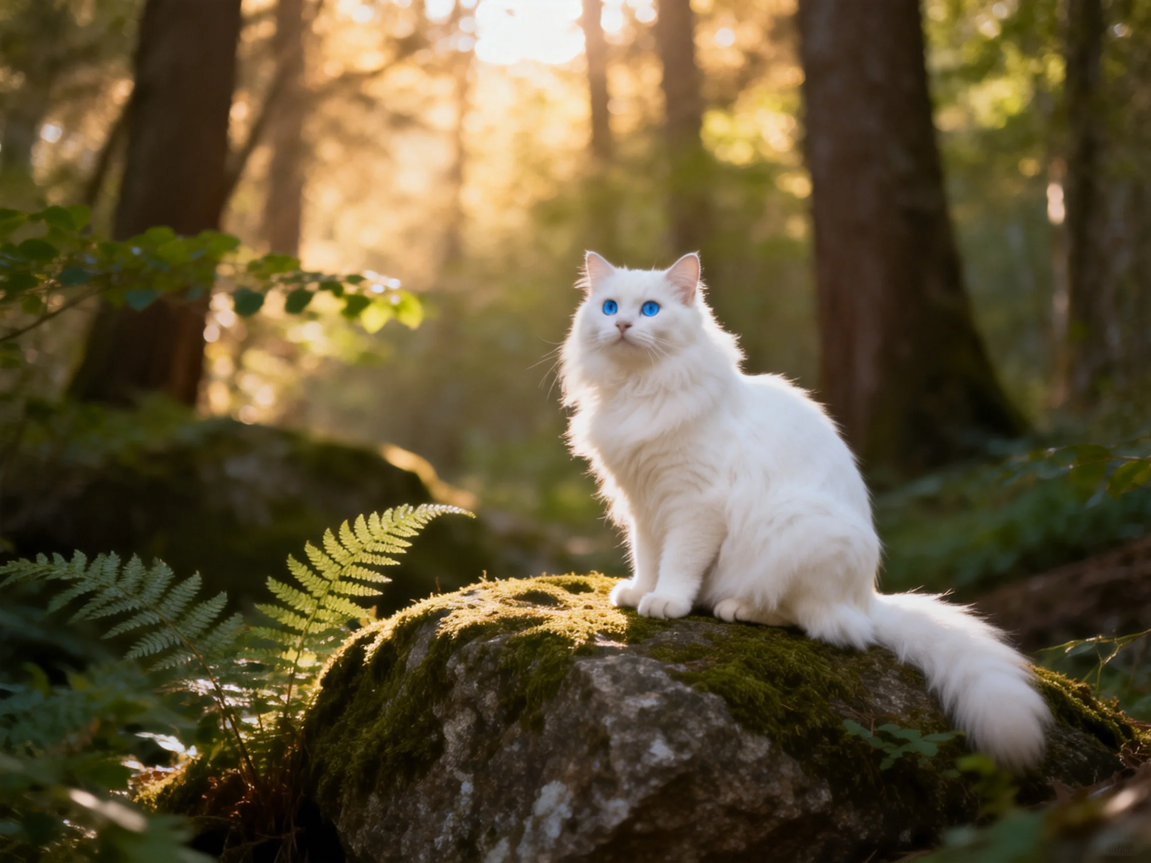 A fluffy white cat sits on a moss-covered rock in a sunlit forest
