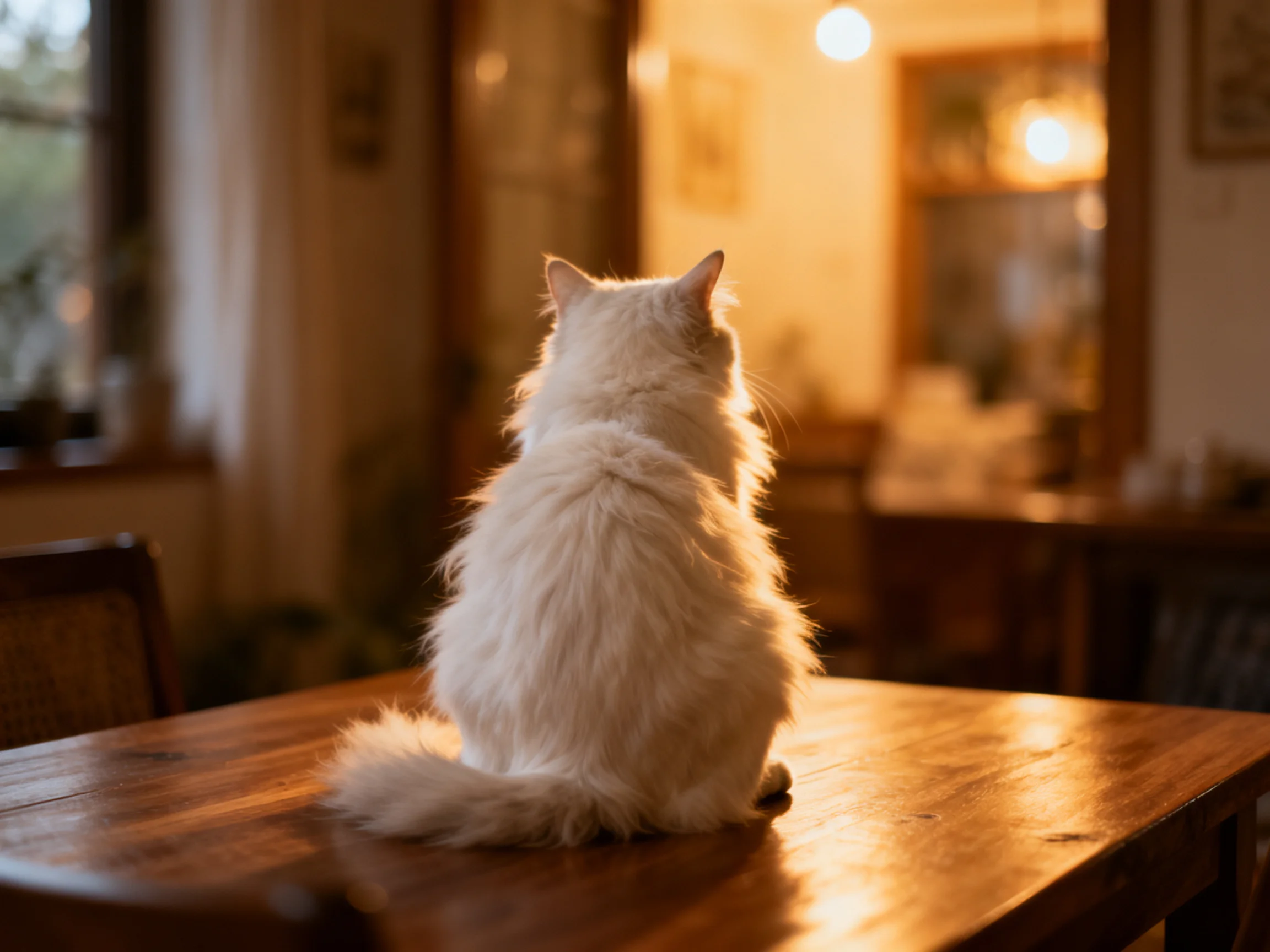 A fluffy white cat sits on a polished wooden table in a warmly lit room