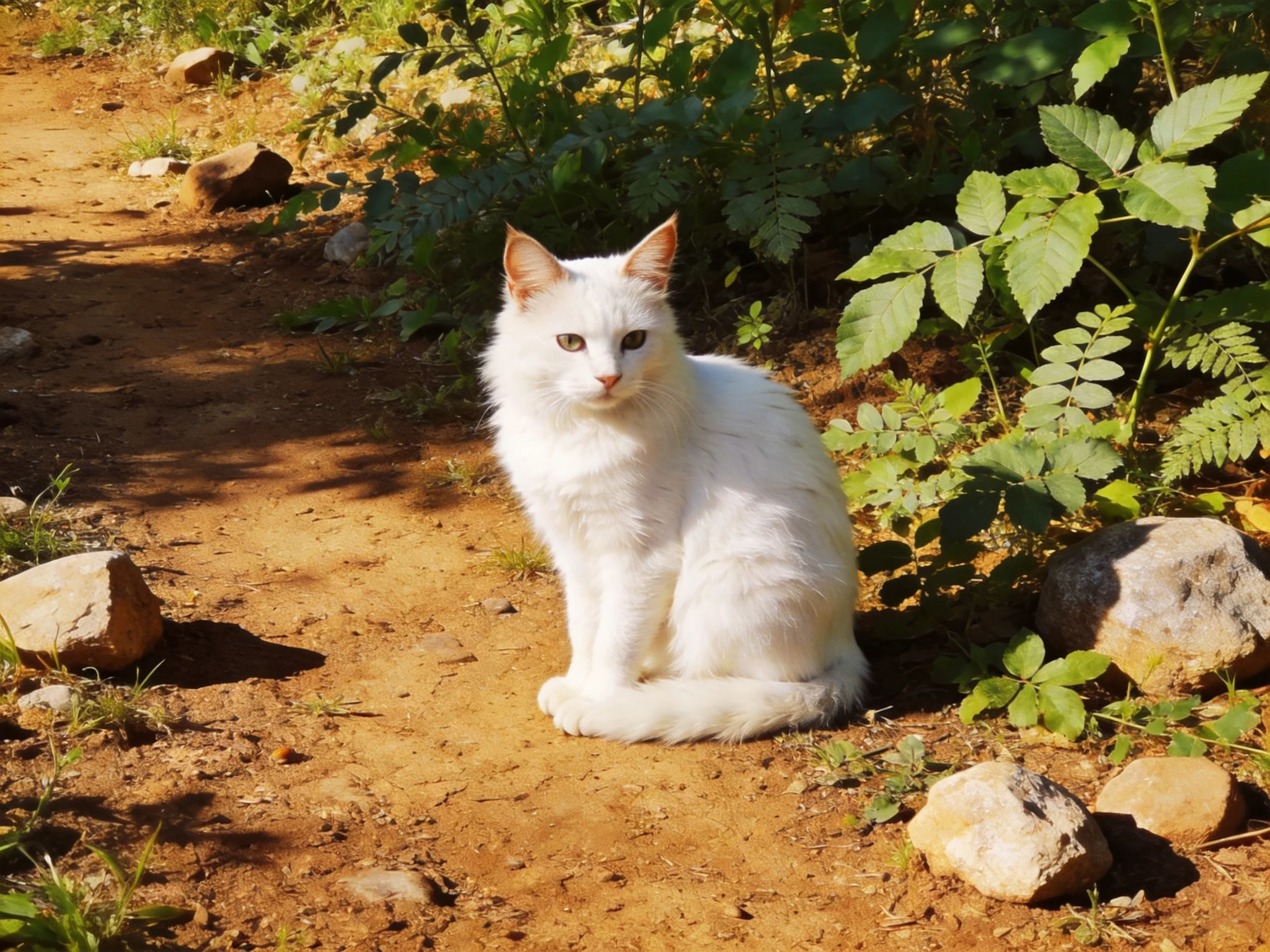 A white cat sits on a sunlit dirt path surrounded by greenery and rocks