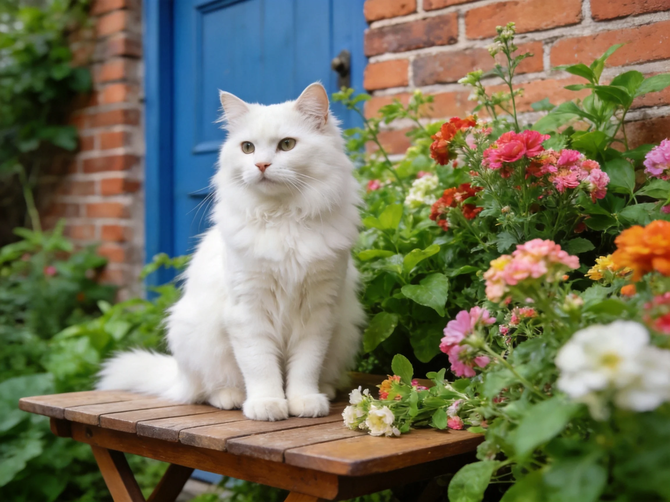 A white cat sits on a wooden bench among colorful flowers and a blue door
