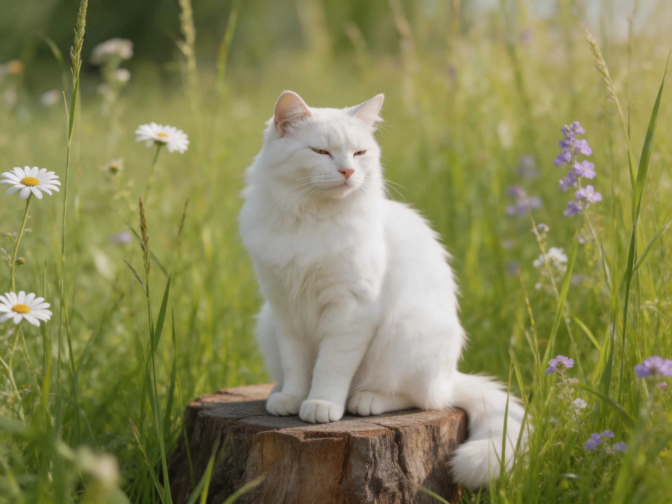 A white cat sits on a tree stump in a meadow with tall grass and wildflowers.