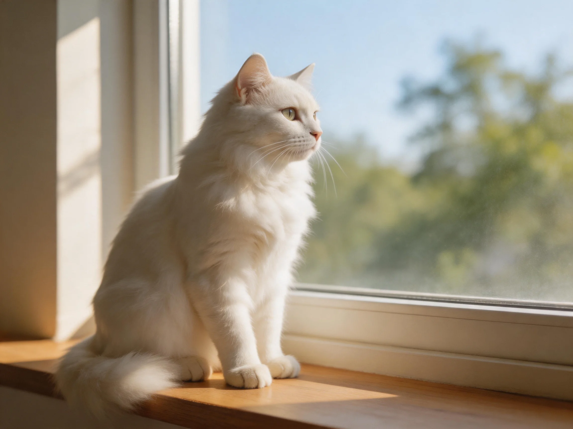 A white cat sits calmly on a windowsill near a bright window.