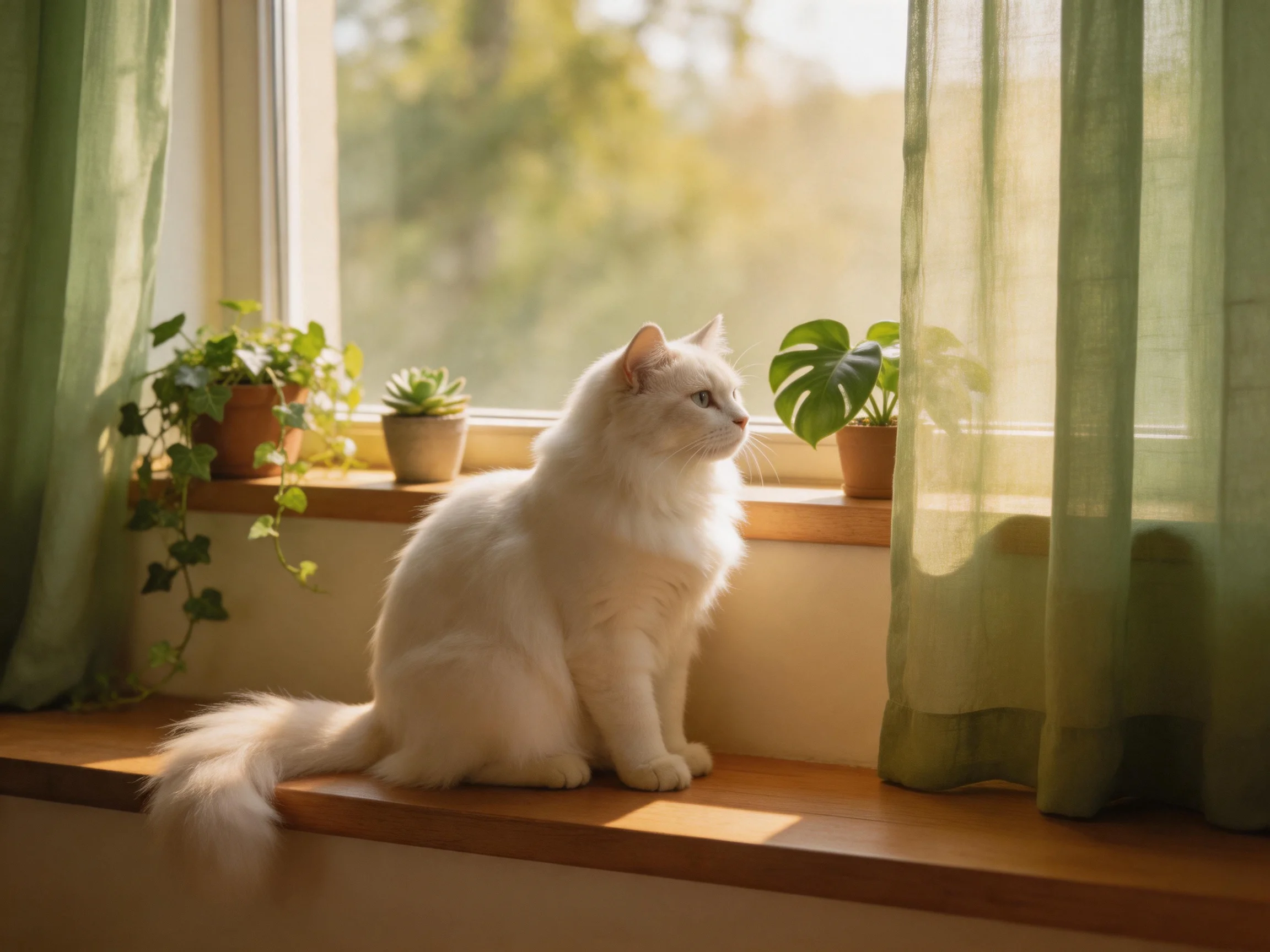 A white cat sits on a windowsill with potted plants in a sunlit room.