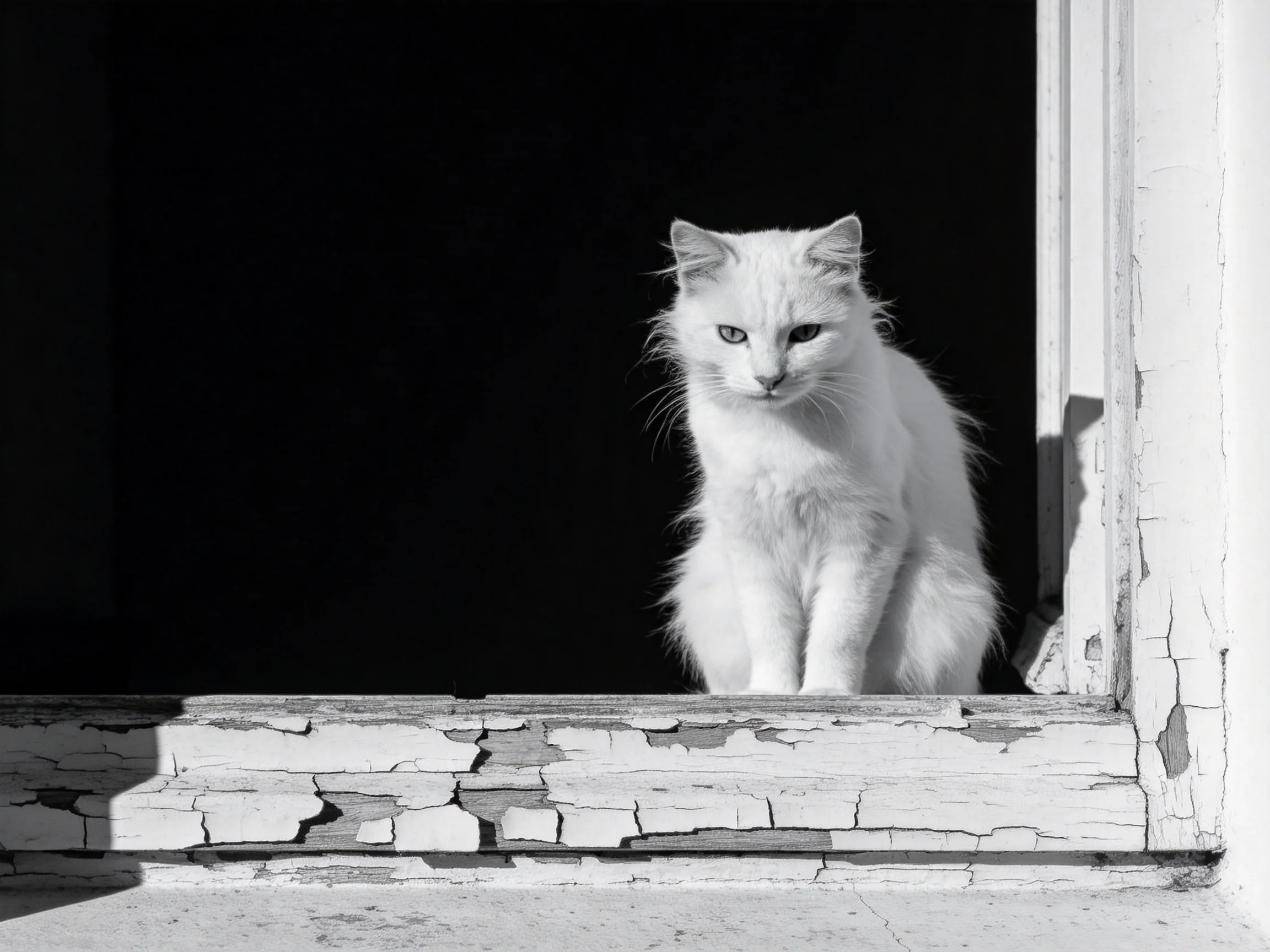A white cat is positioned on a weathered window ledge with a dark background