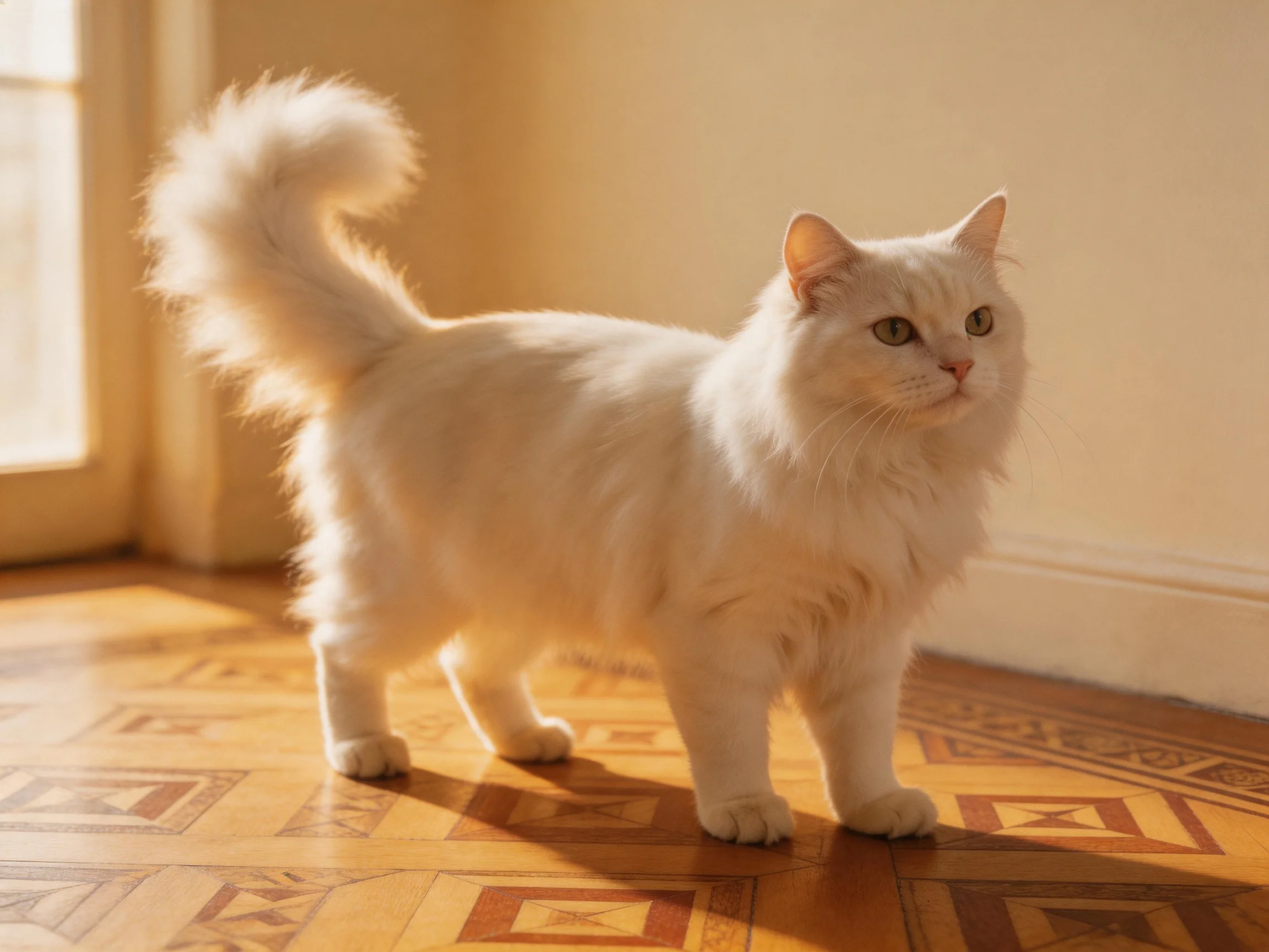 A fluffy white cat stands on a patterned wooden floor with warm lighting