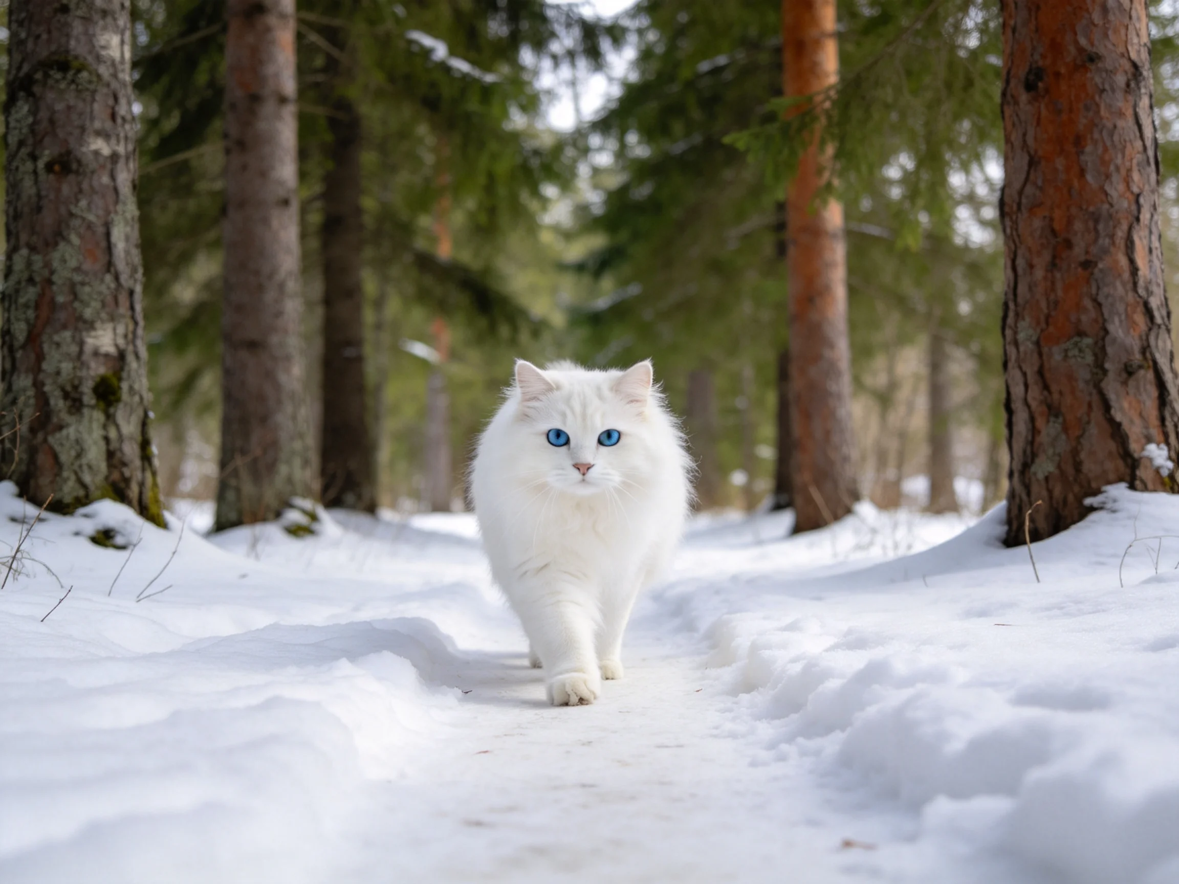 A fluffy white cat walks along a snow - filled forest path.