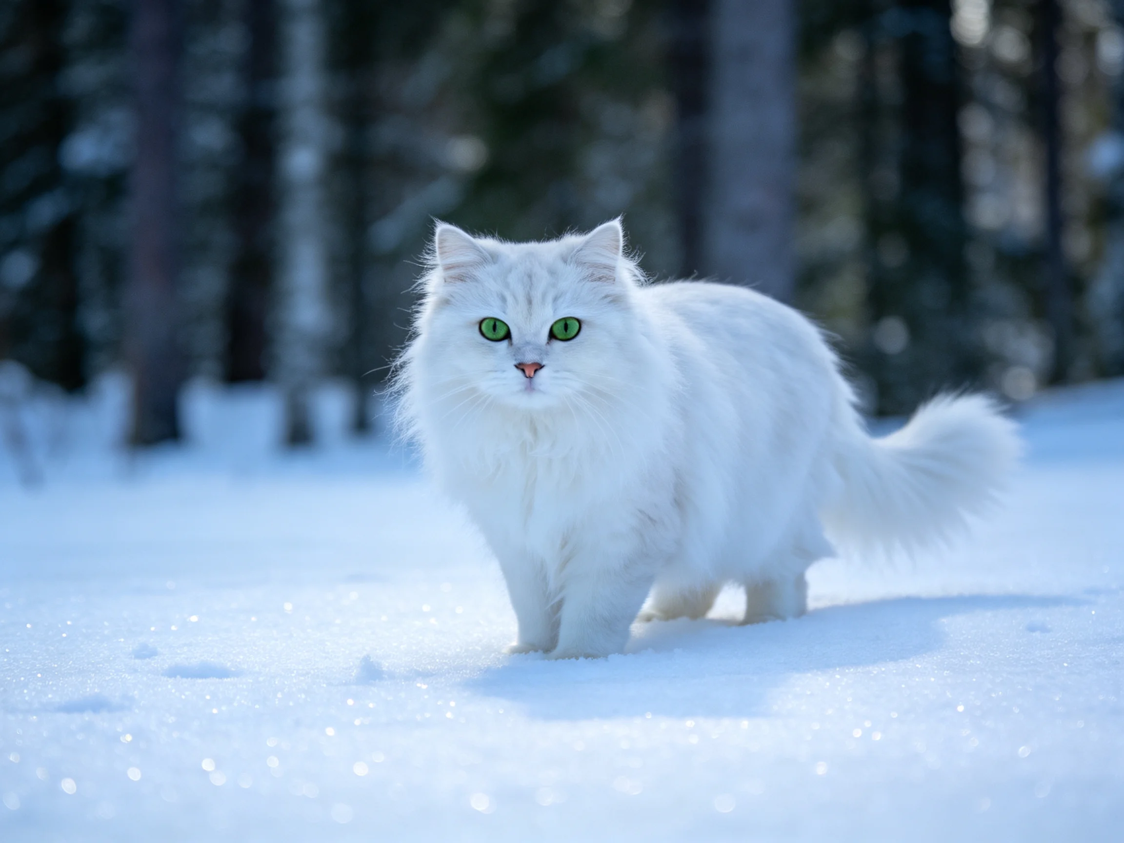 A fluffy white cat walking through a snow - covered forest clearing