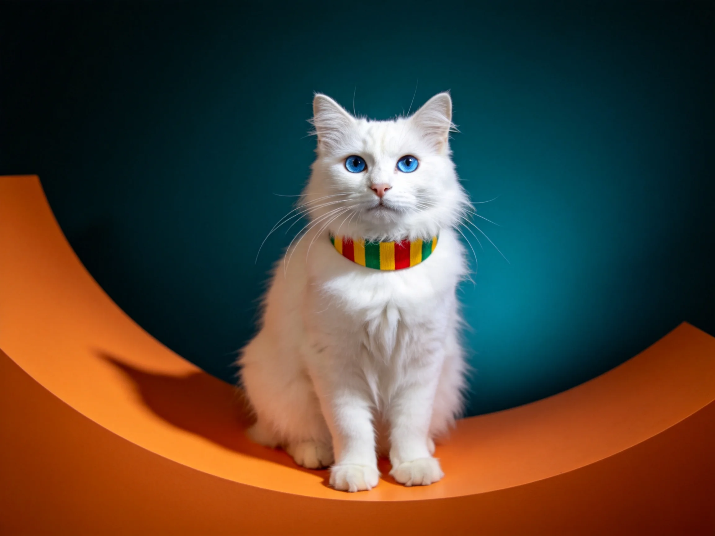 A white cat with a colorful collar sits on an orange curved surface with a teal background.